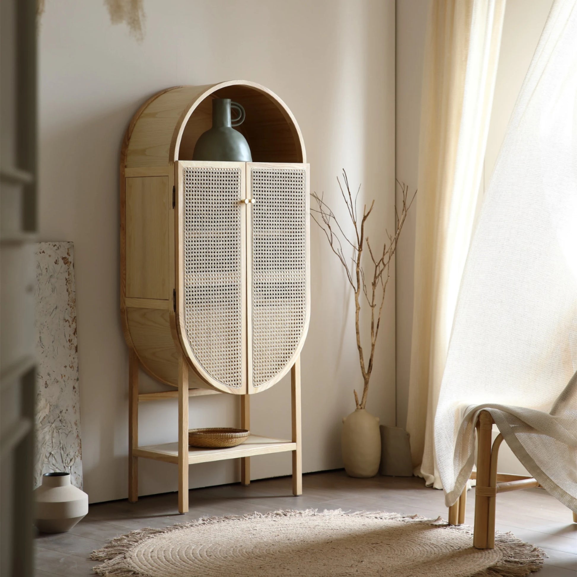 BohoBoho Costa Solid Wood & Rattan Oval Cabinet, Natural Wood, 65x35x161cm