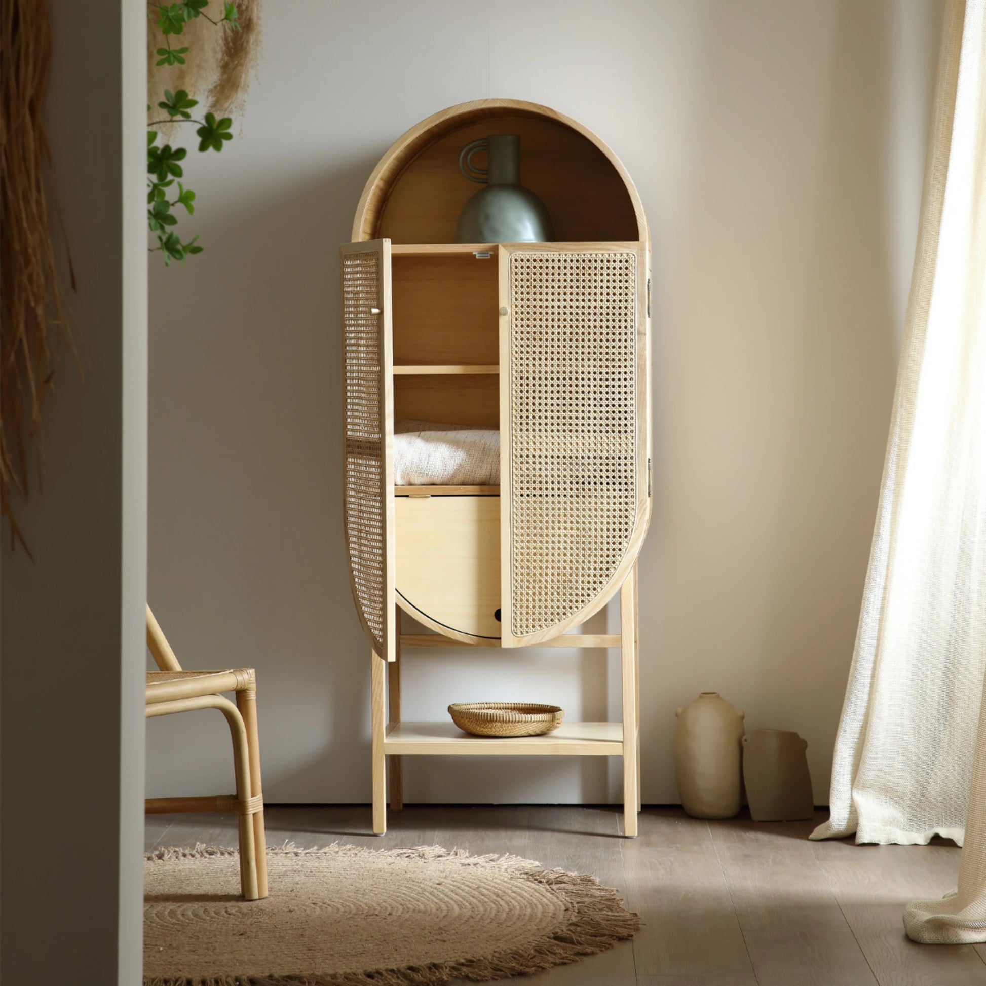 BohoBoho Costa Solid Wood & Rattan Oval Cabinet, Natural Wood, 65x35x161cm