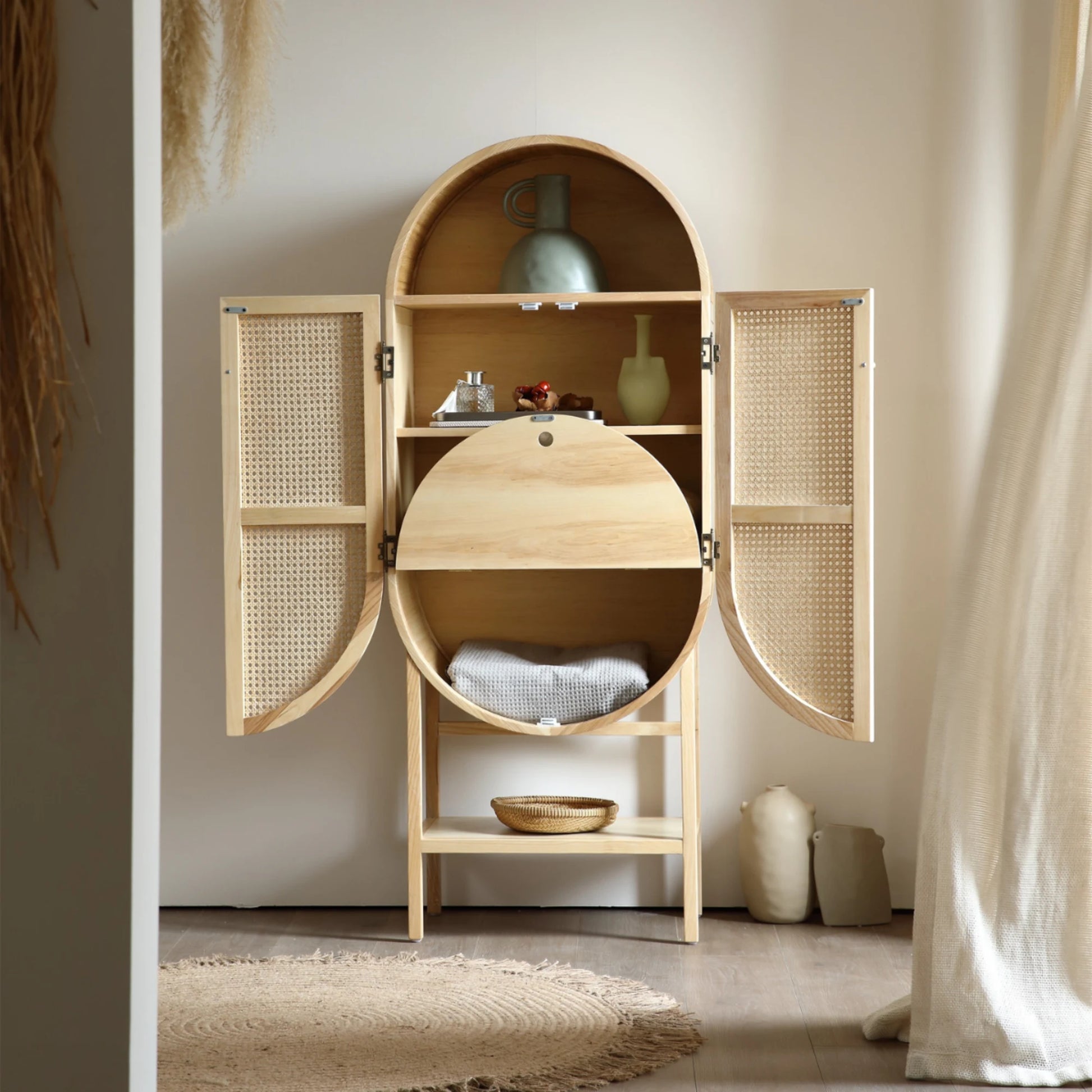 BohoBoho Costa Solid Wood & Rattan Oval Cabinet, Natural Wood, 65x35x161cm