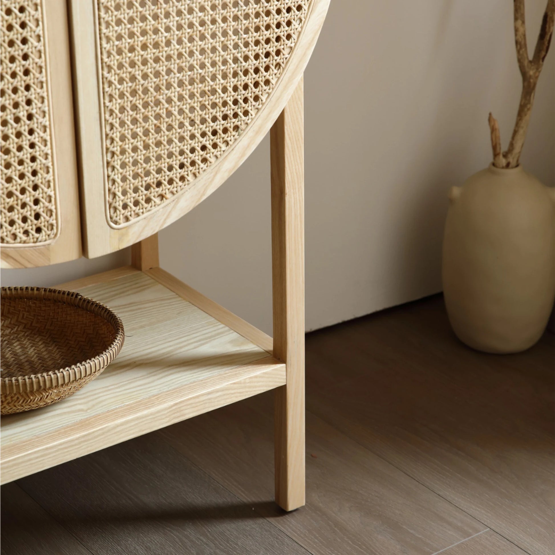 BohoBoho Costa Solid Wood & Rattan Oval Cabinet, Natural Wood, 65x35x161cm
