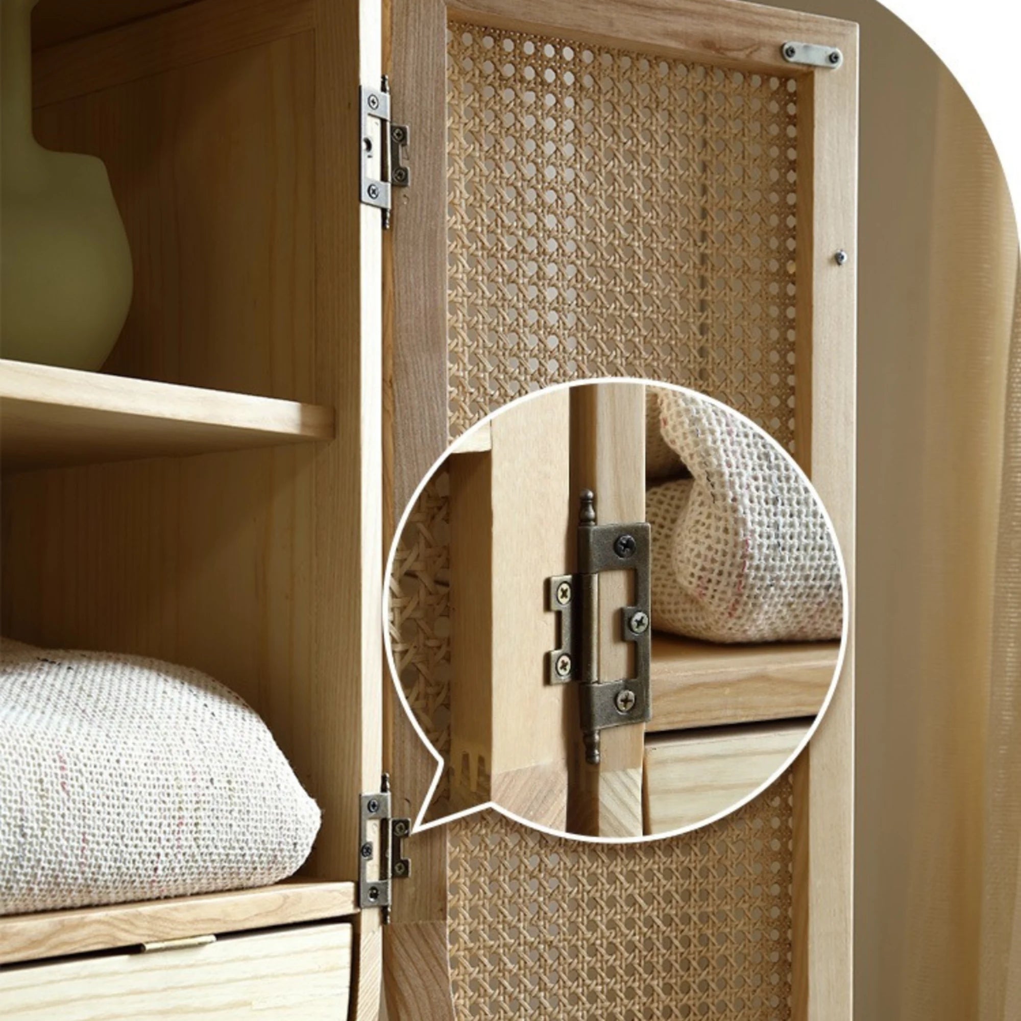 BohoBoho Costa Solid Wood & Rattan Oval Cabinet, Natural Wood, 65x35x161cm