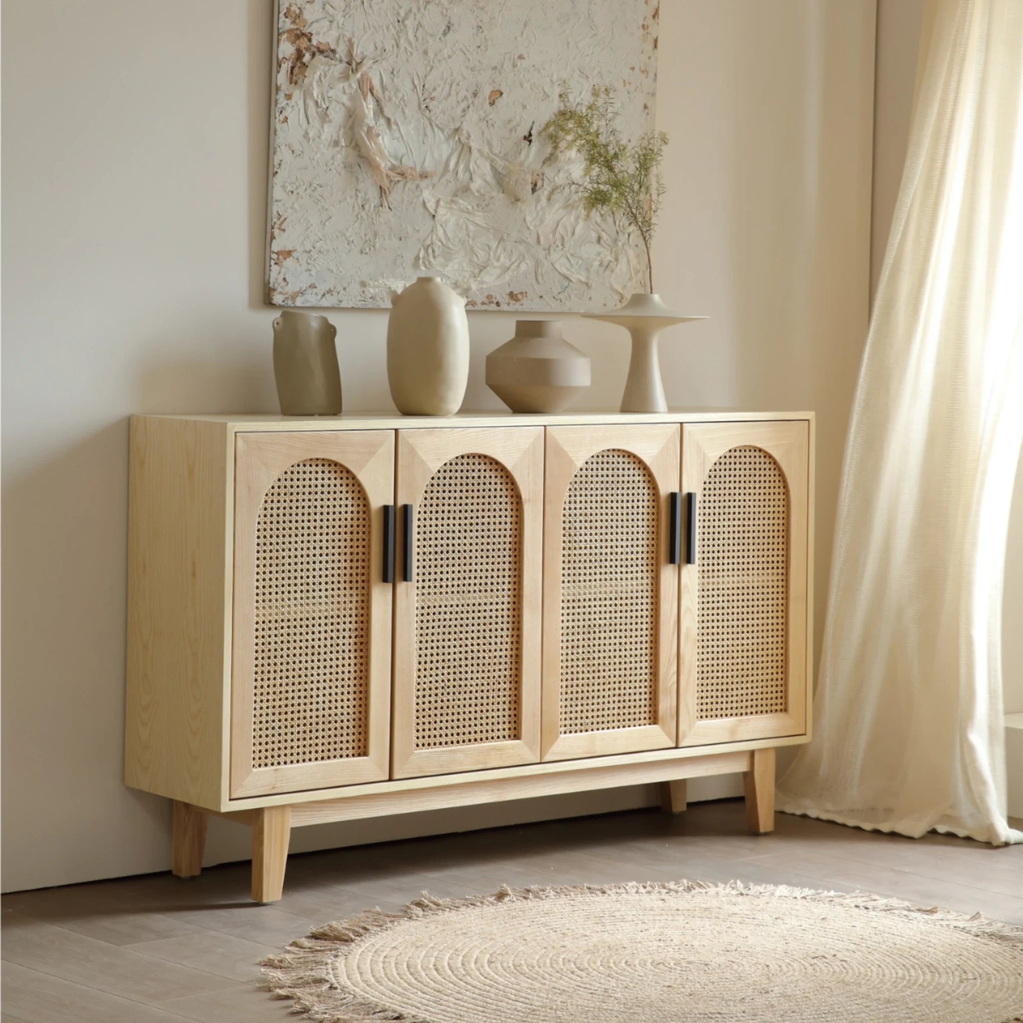BohoBoho Costa Solid Wood & Rattan 4 Door Arch Sideboard, Natural Wood, 150x35x90cm