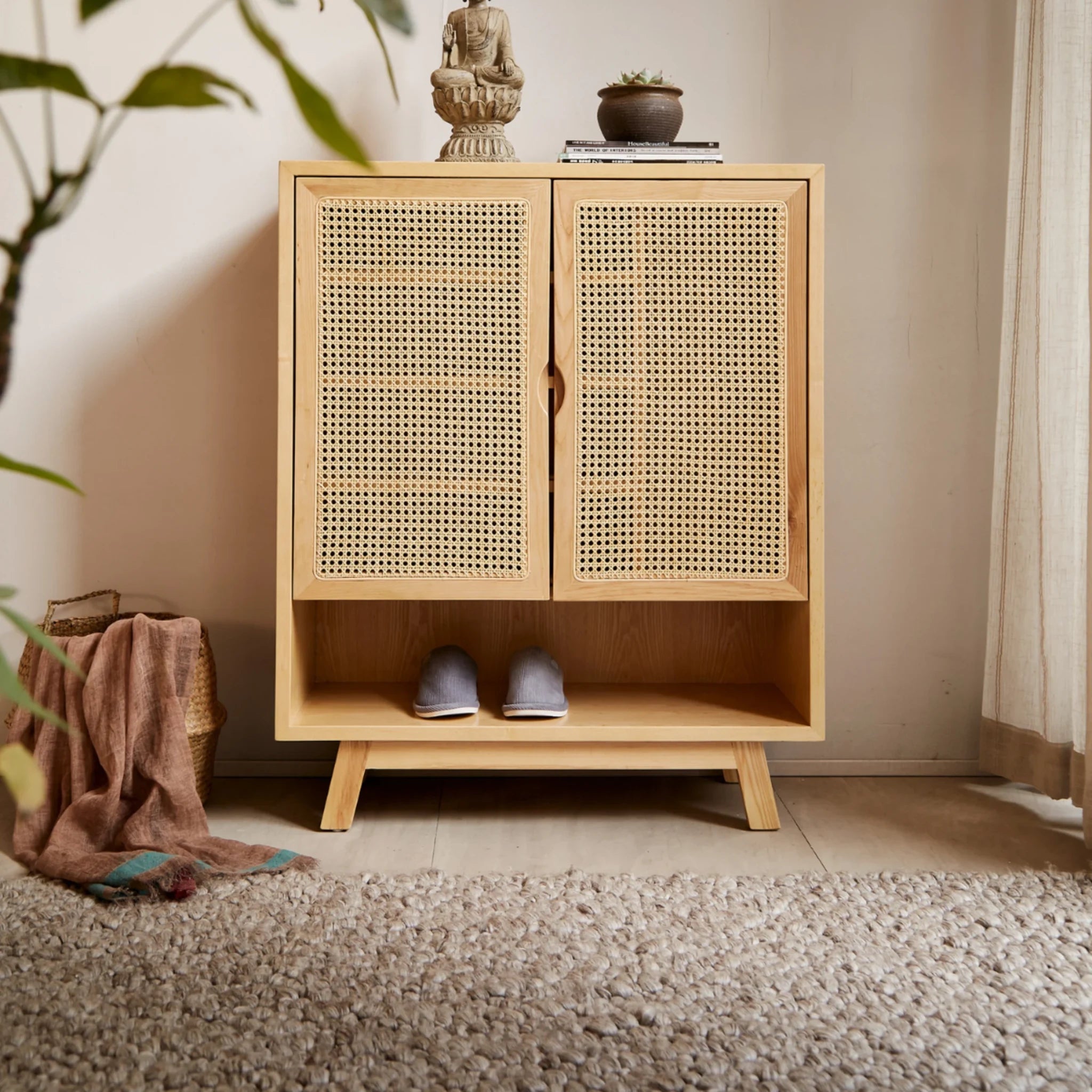 BohoBoho Costa Solid Wood & Rattan Shoe Cabinet, Natural Wood, 90x36x110cm