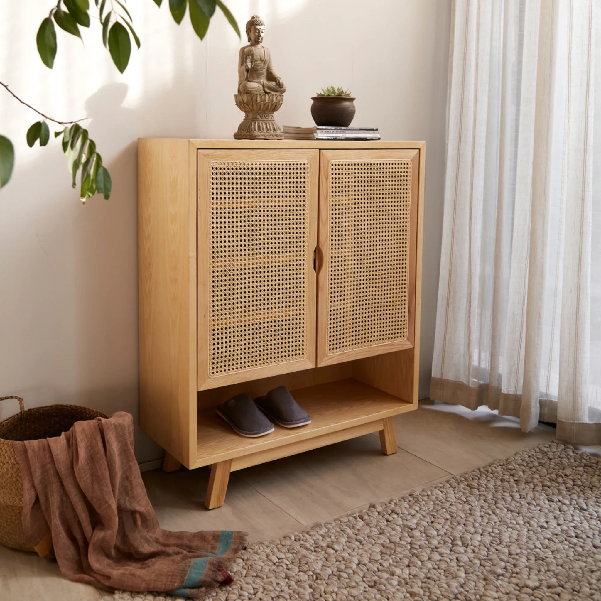 BohoBoho Costa Solid Wood & Rattan Shoe Cabinet, Natural Wood, 90x36x110cm