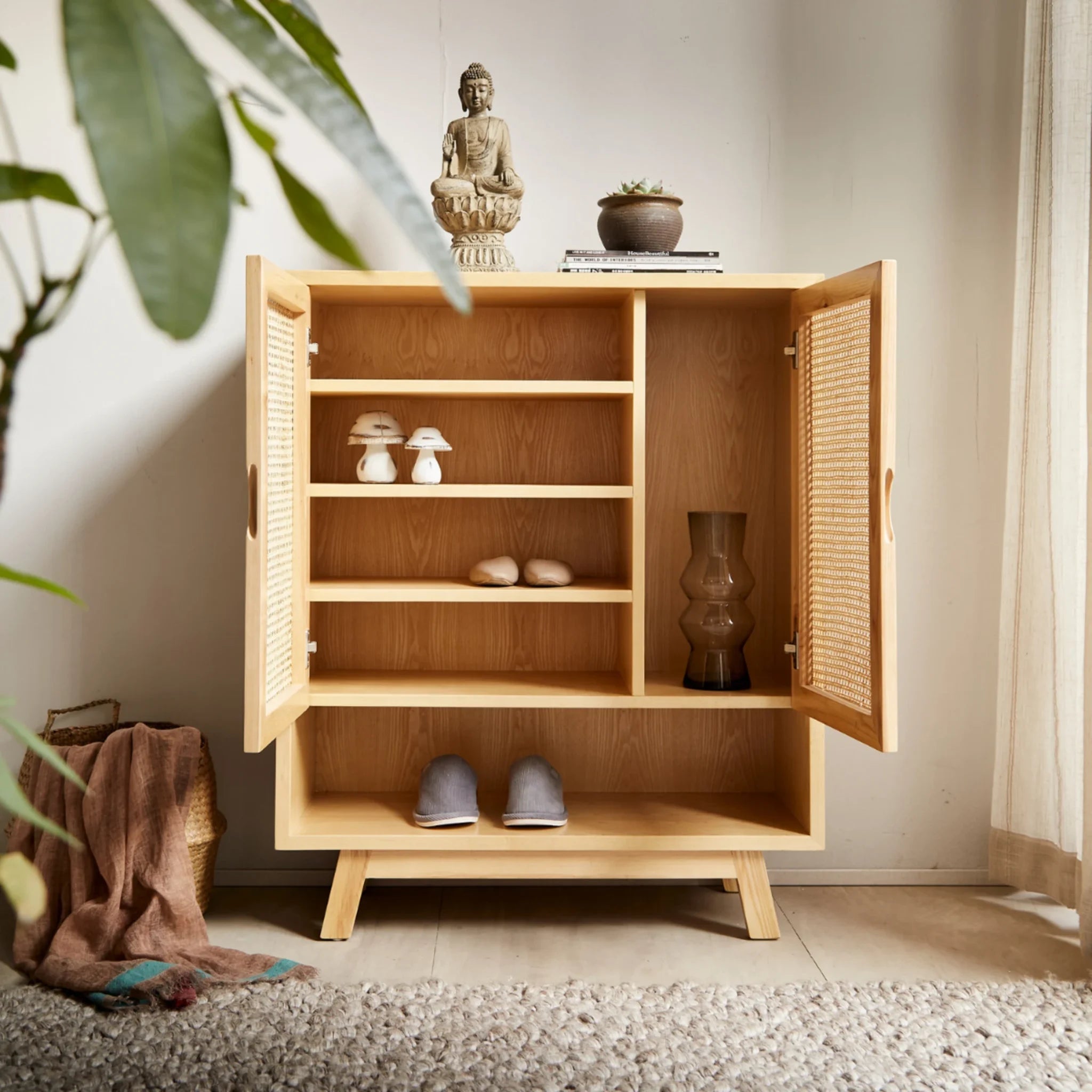 BohoBoho Costa Solid Wood & Rattan Shoe Cabinet, Natural Wood, 90x36x110cm