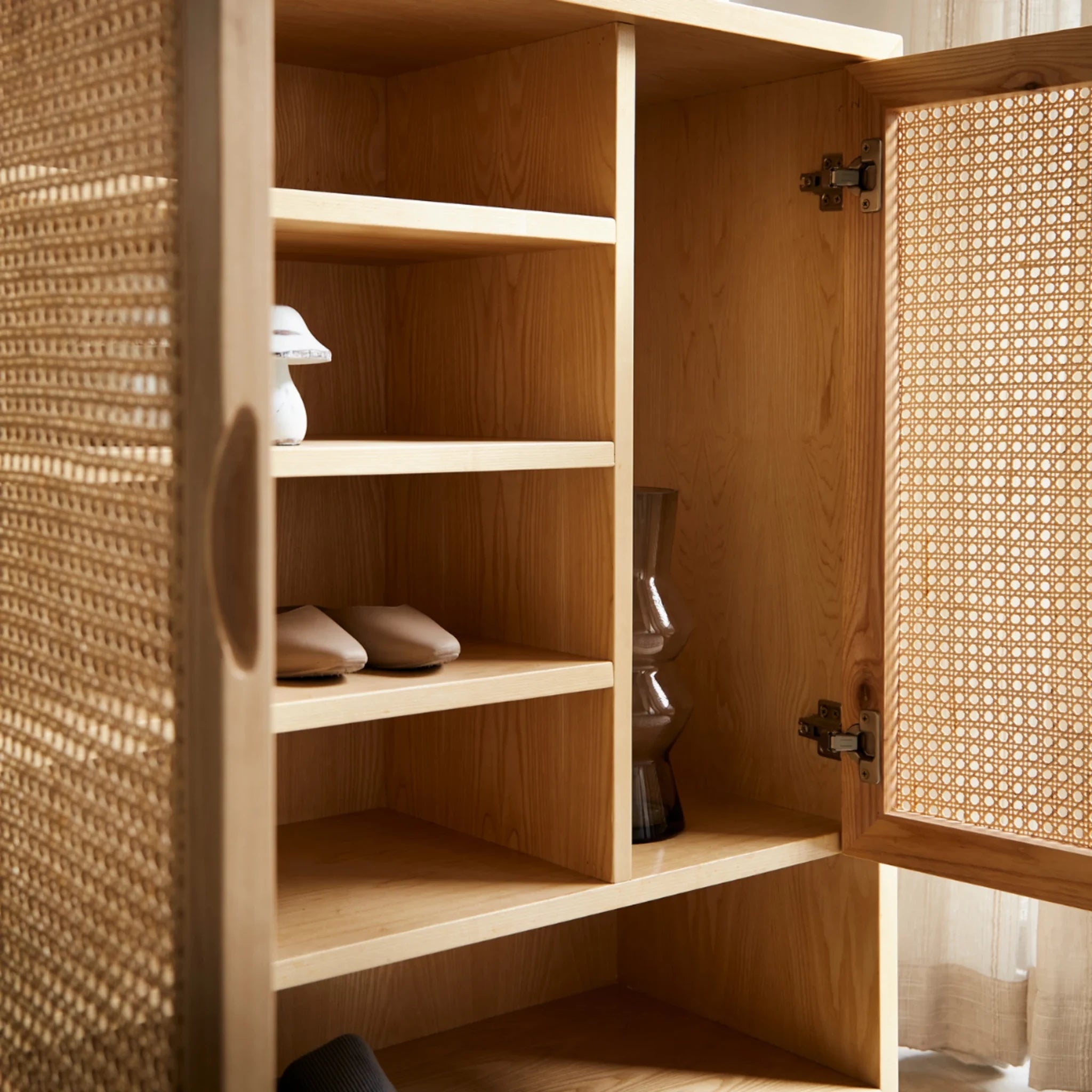 BohoBoho Costa Solid Wood & Rattan Shoe Cabinet, Natural Wood, 90x36x110cm