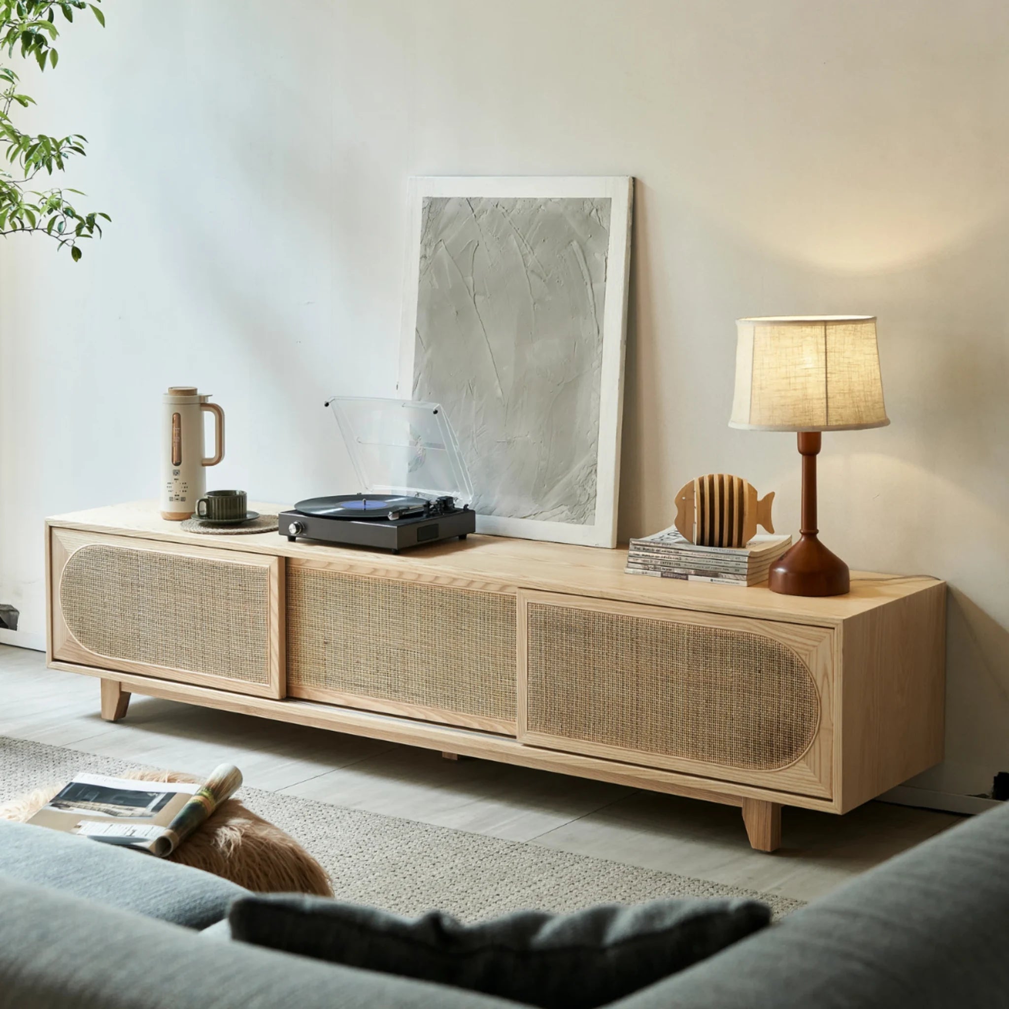 BohoBoho Costa Solid Wood & Rattan TV unit, Natural Wood, 200x45x46cm