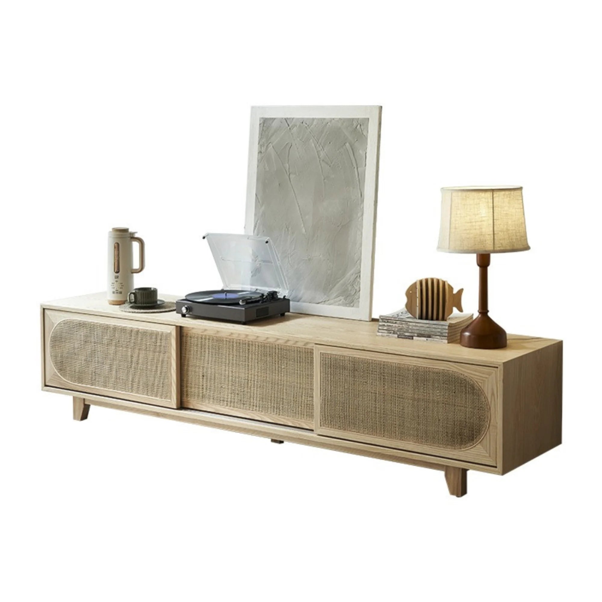 BohoBoho Costa Solid Wood & Rattan Entertainment unit, Natural Wood, 200x45x46cm