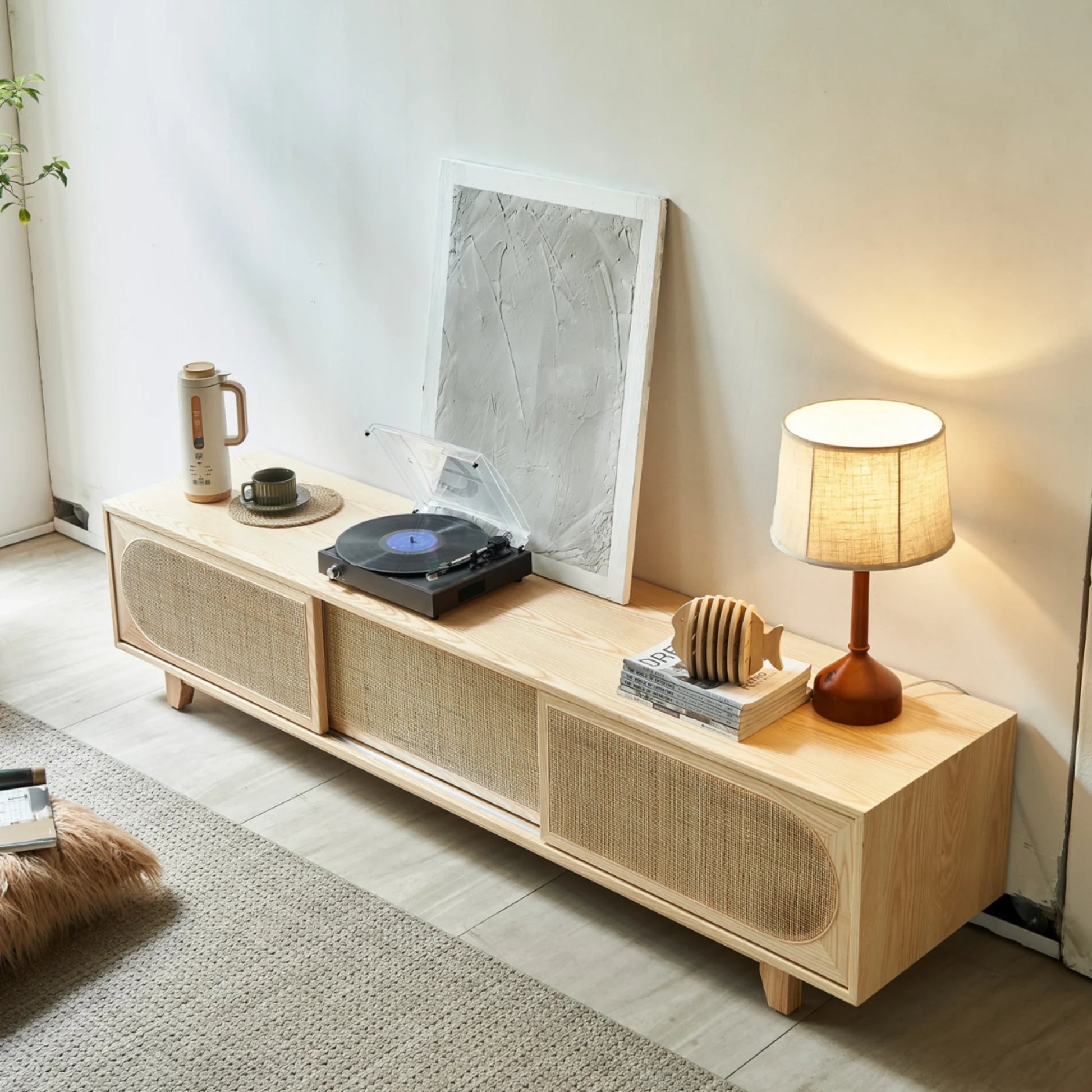 BohoBoho Costa Solid Wood & Rattan TV unit, Natural Wood, 200x45x46cm