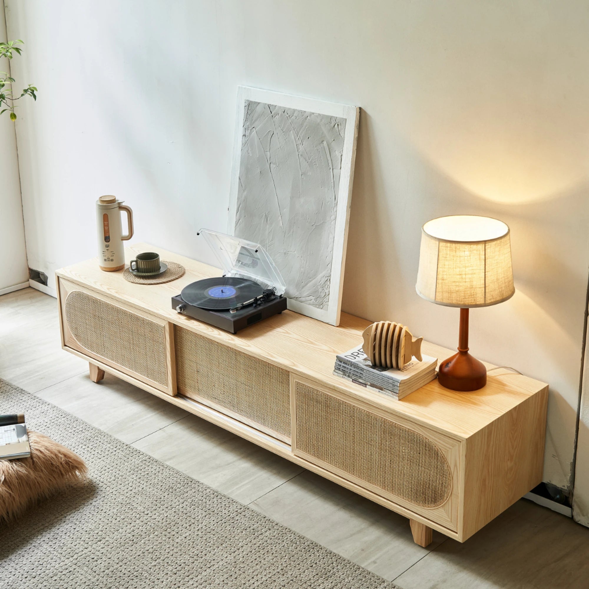 BohoBoho Costa Solid Wood & Rattan Entertainment unit, Natural Wood, 200x45x46cm