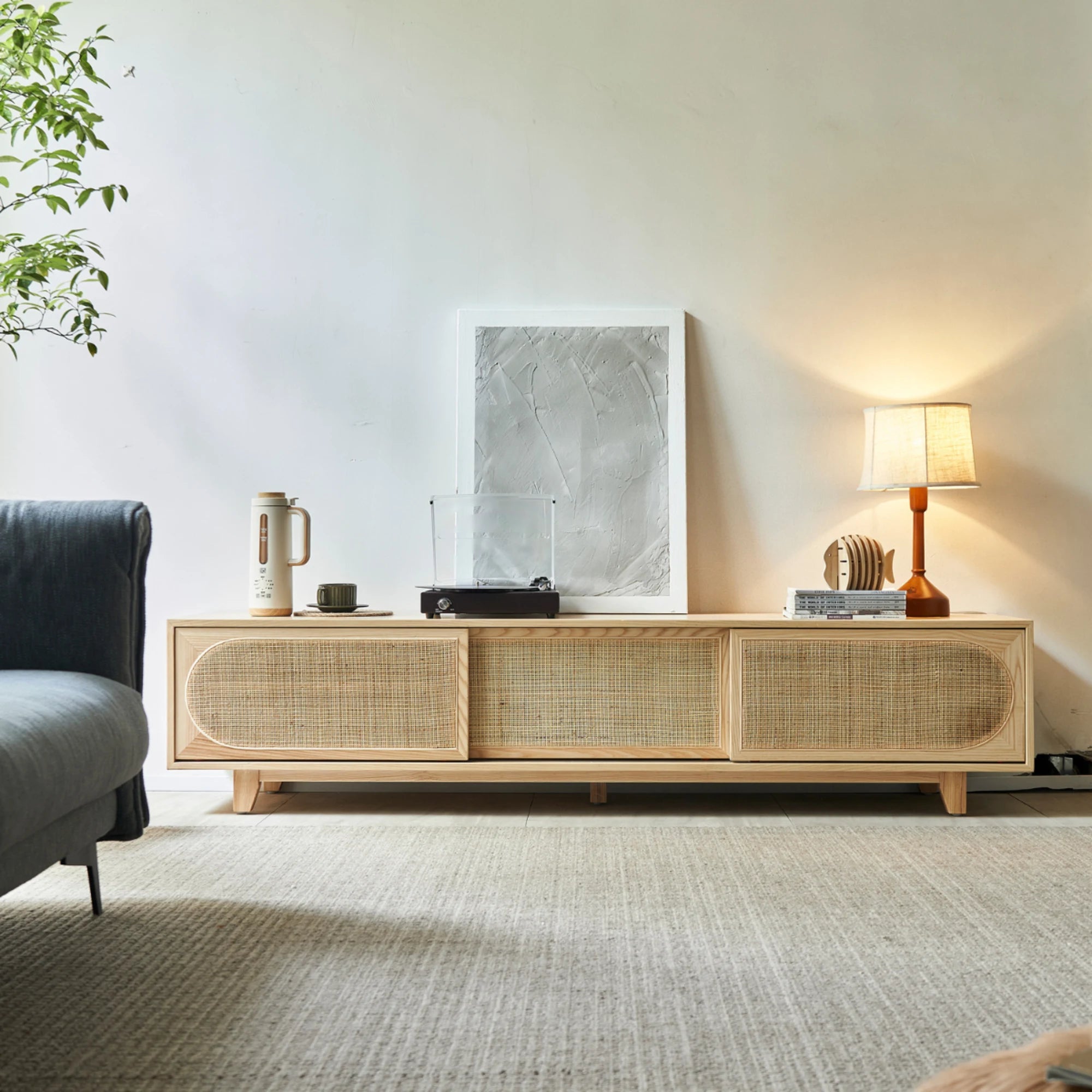 BohoBoho Costa Solid Wood & Rattan Entertainment unit, Natural Wood, 200x45x46cm