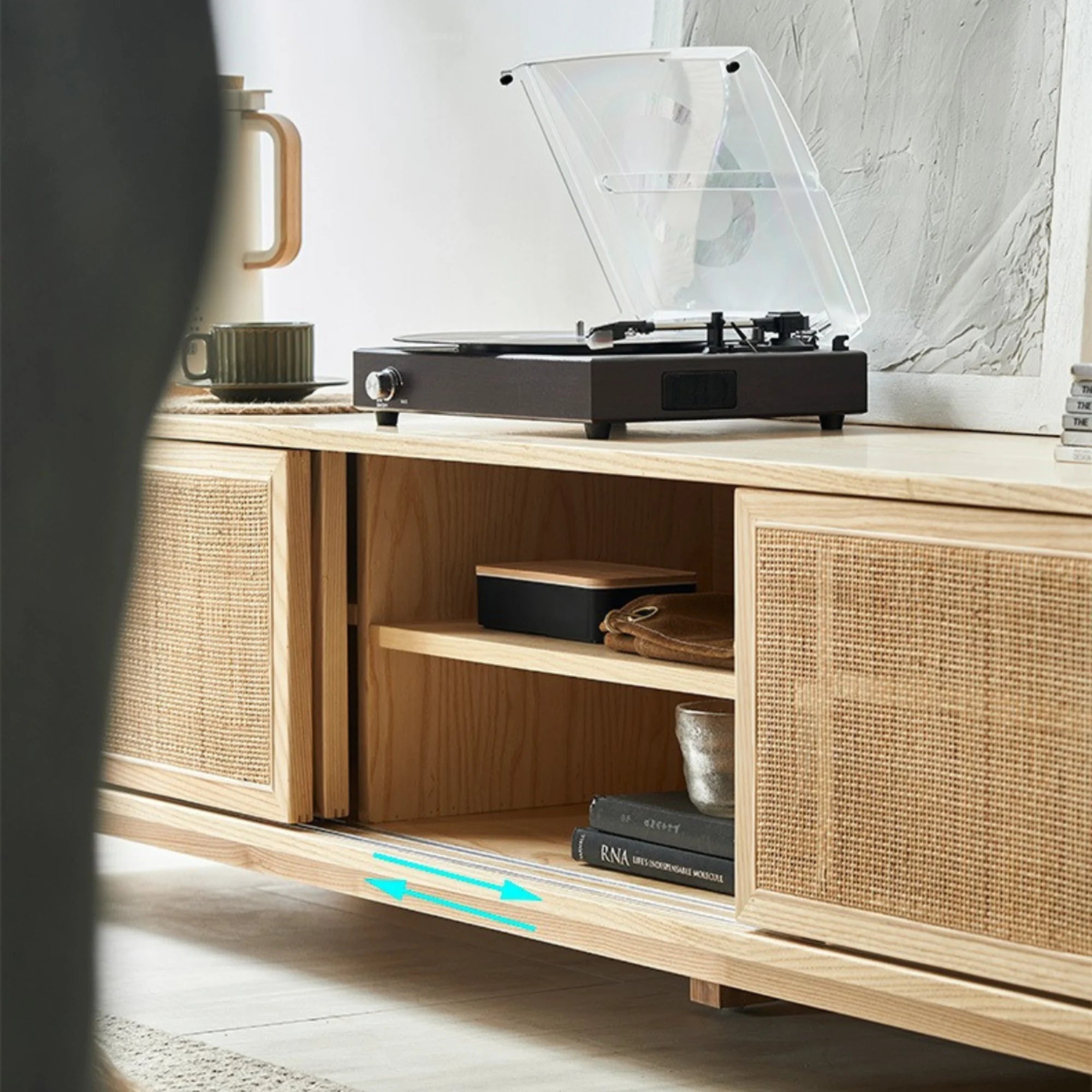 BohoBoho Costa Solid Wood & Rattan Entertainment unit, Natural Wood, 200x45x46cm