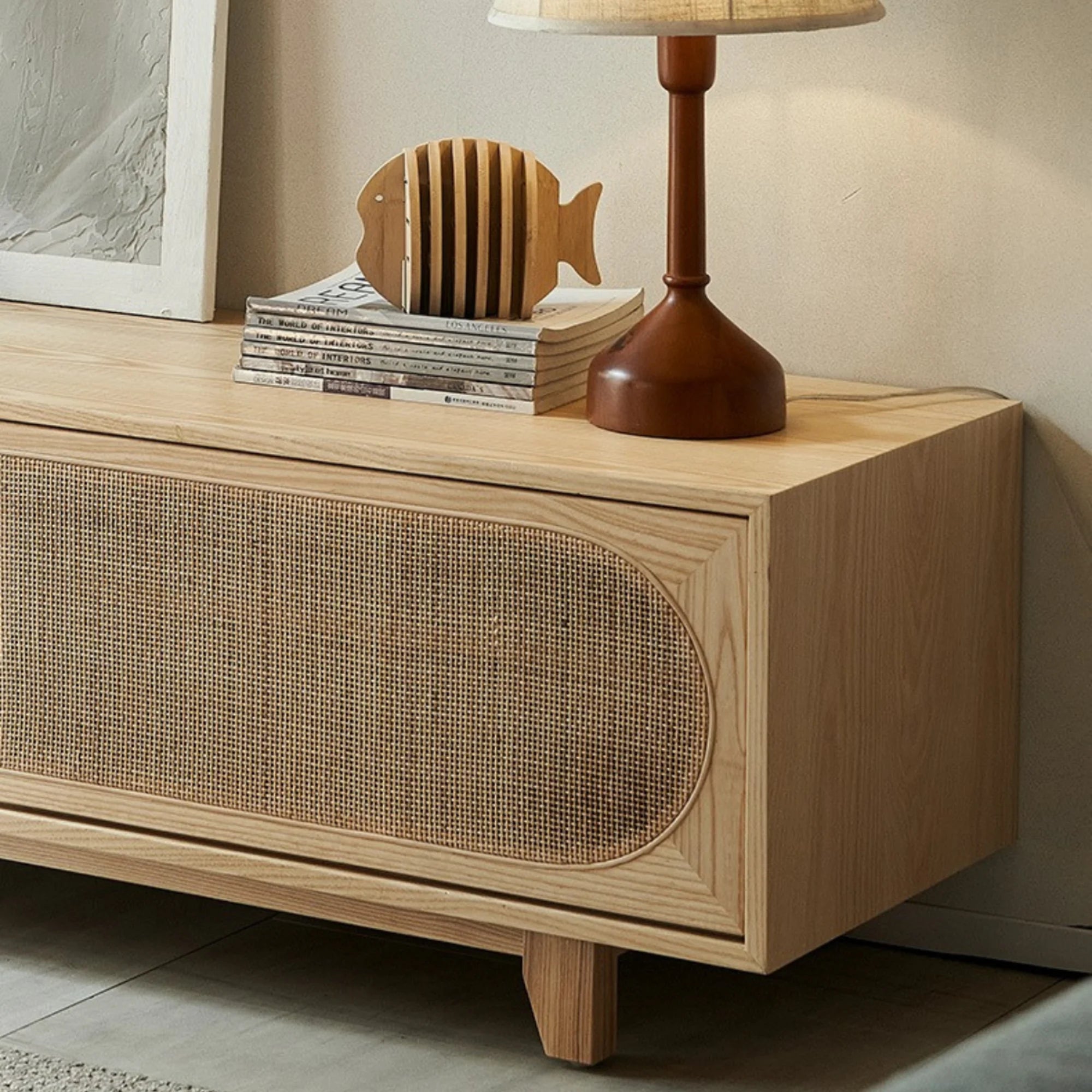BohoBoho Costa Solid Wood & Rattan Entertainment unit, Natural Wood, 200x45x46cm