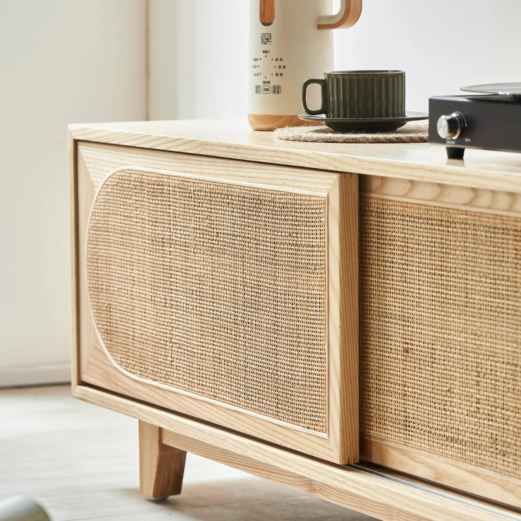 BohoBoho Costa Solid Wood & Rattan Entertainment unit, Natural Wood, 200x45x46cm