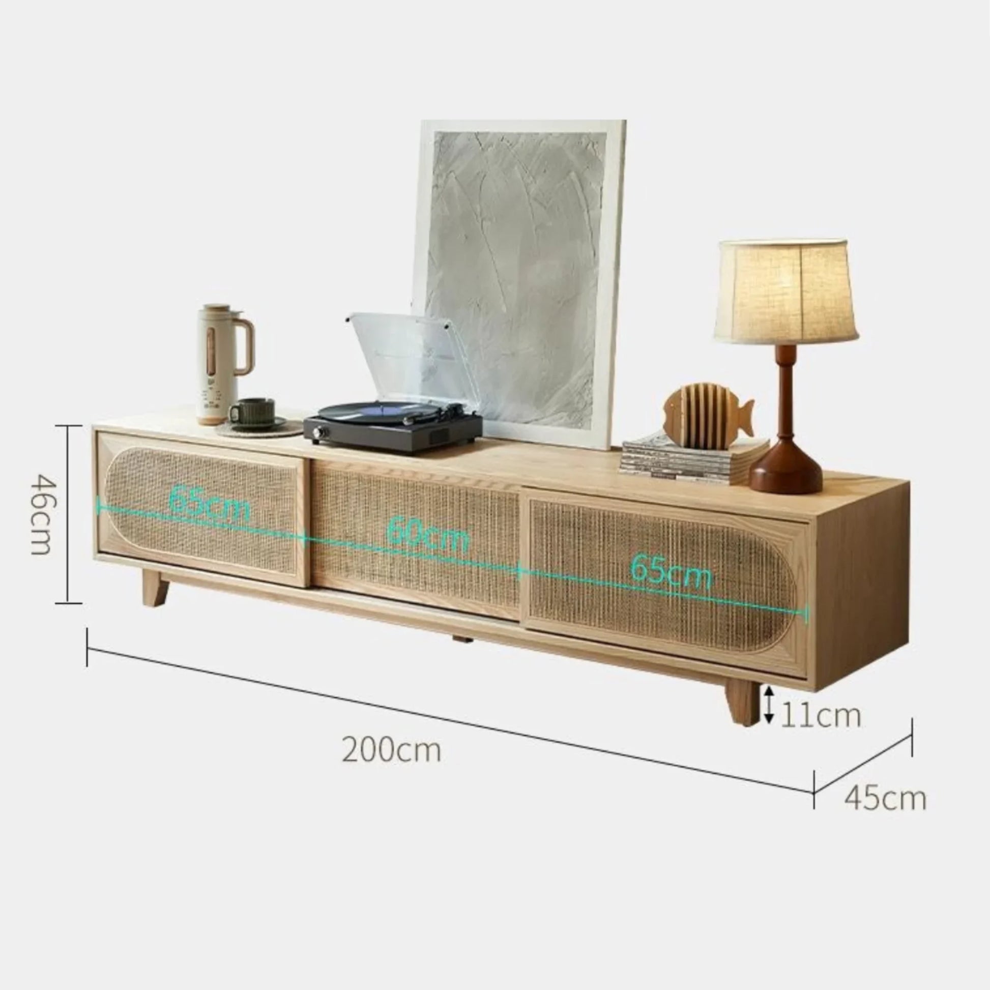BohoBoho Costa Solid Wood & Rattan TV unit, Natural Wood, 200x45x46cm