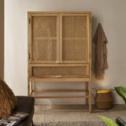 BohoBoho Costa Solid Wood & Rattan Wardrobe, Natural Wood, 110x50x175cm