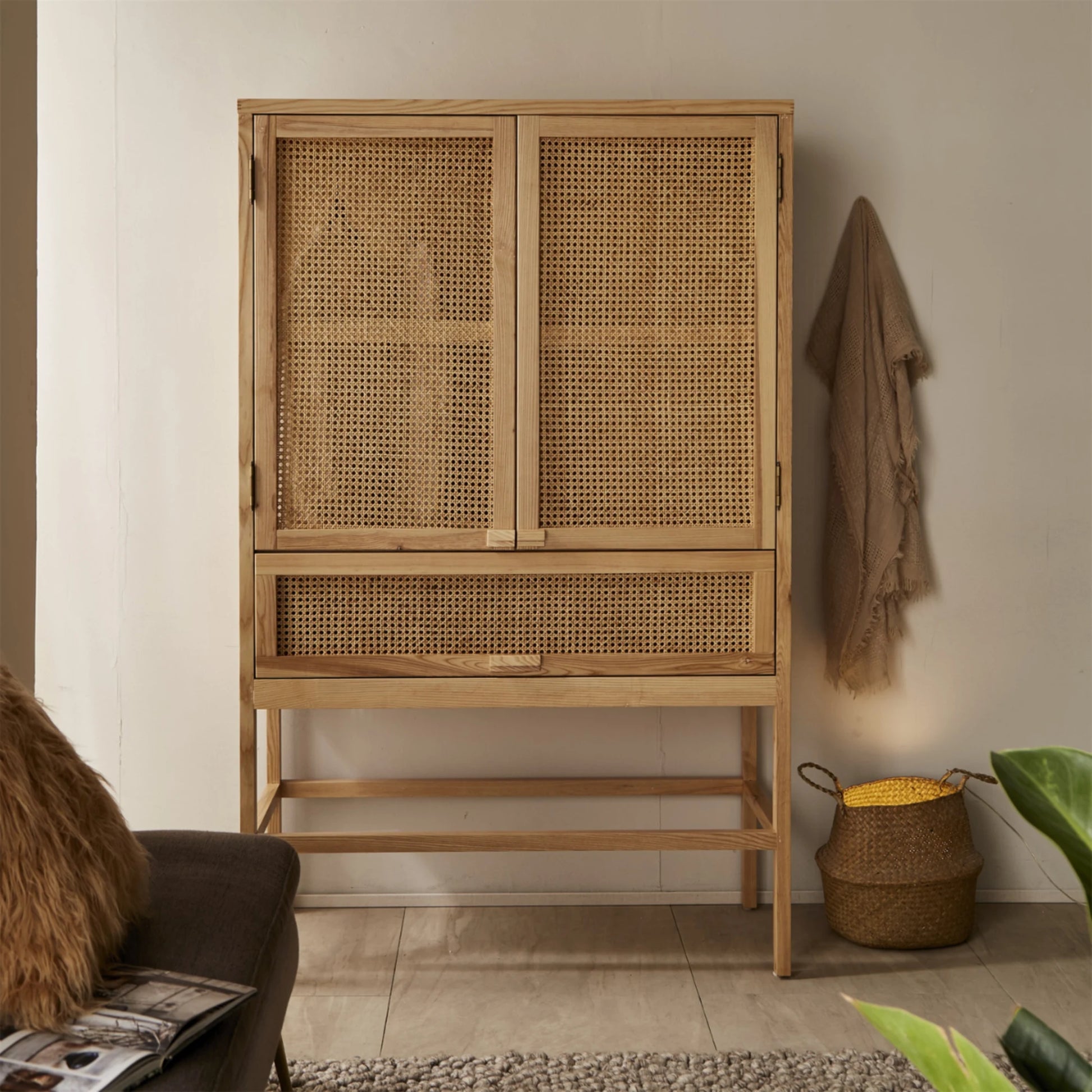 BohoBoho Costa Solid Wood & Rattan Wardrobe, Natural Wood, 110x50x175cm