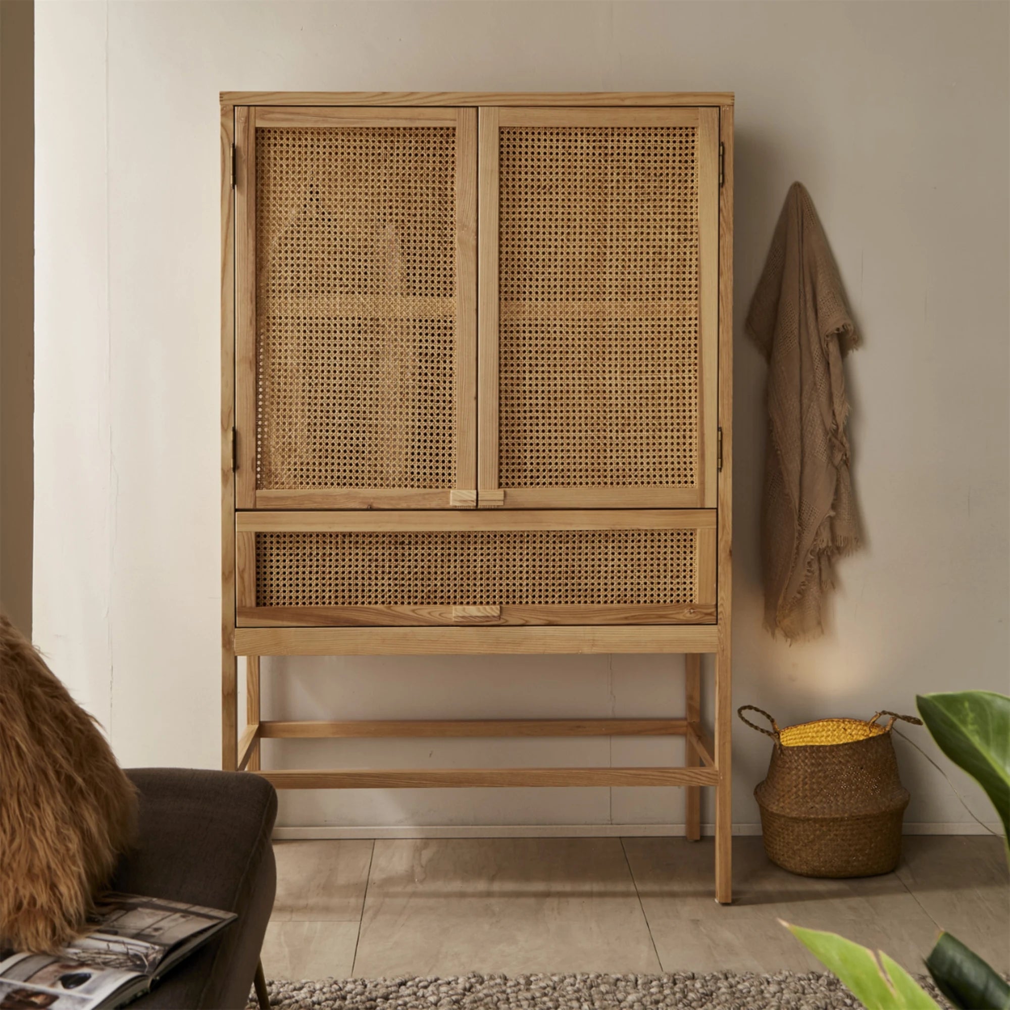 BohoBoho Costa Solid Wood & Rattan Wardrobe, Natural Wood, 110x50x175cm