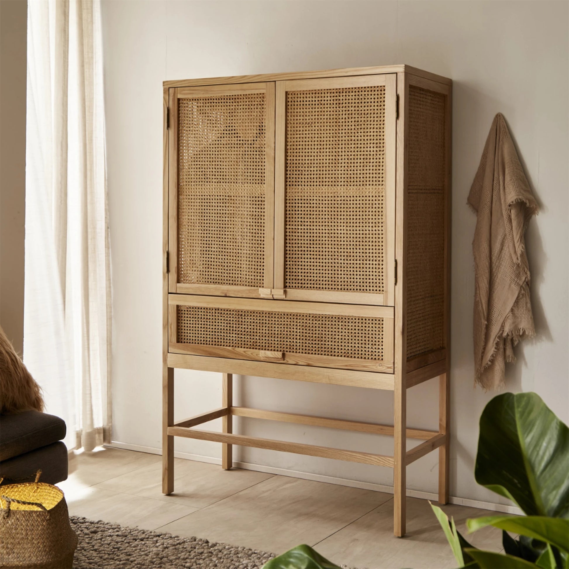 BohoBoho Costa Solid Wood & Rattan Wardrobe, Natural Wood, 110x50x175cm