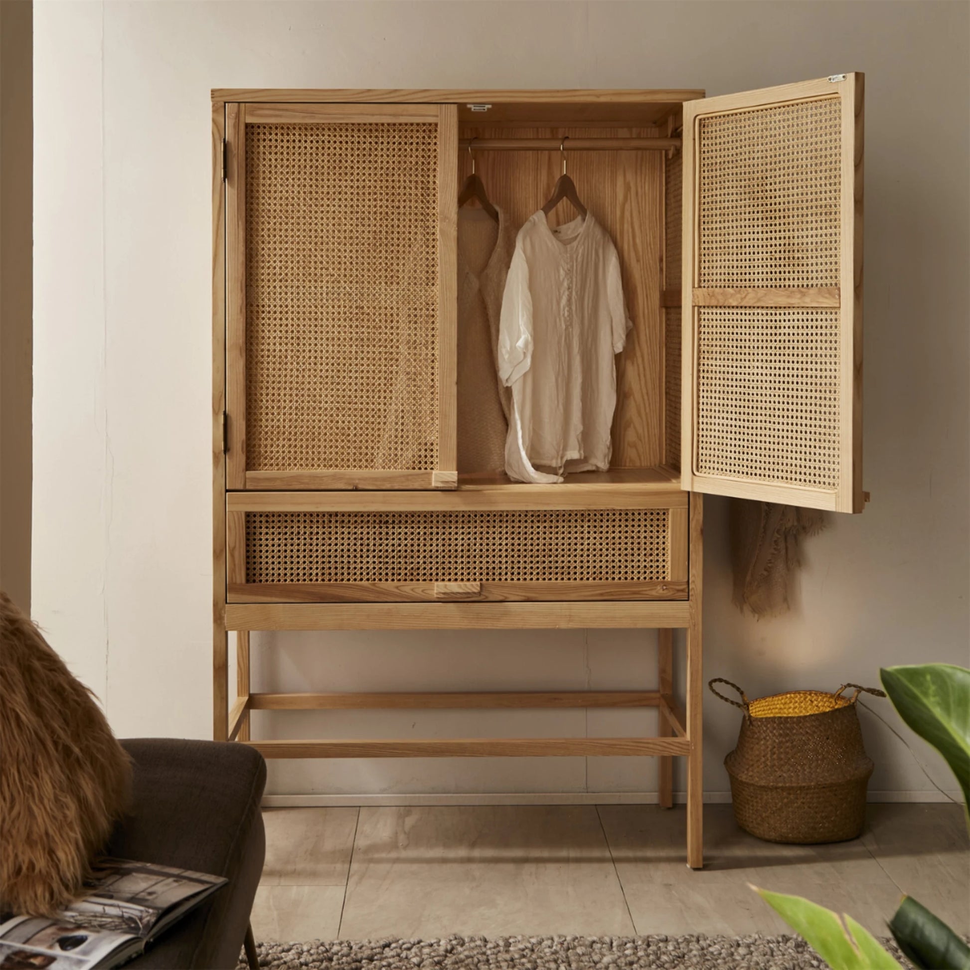 BohoBoho Costa Solid Wood & Rattan Wardrobe, Natural Wood, 110x50x175cm