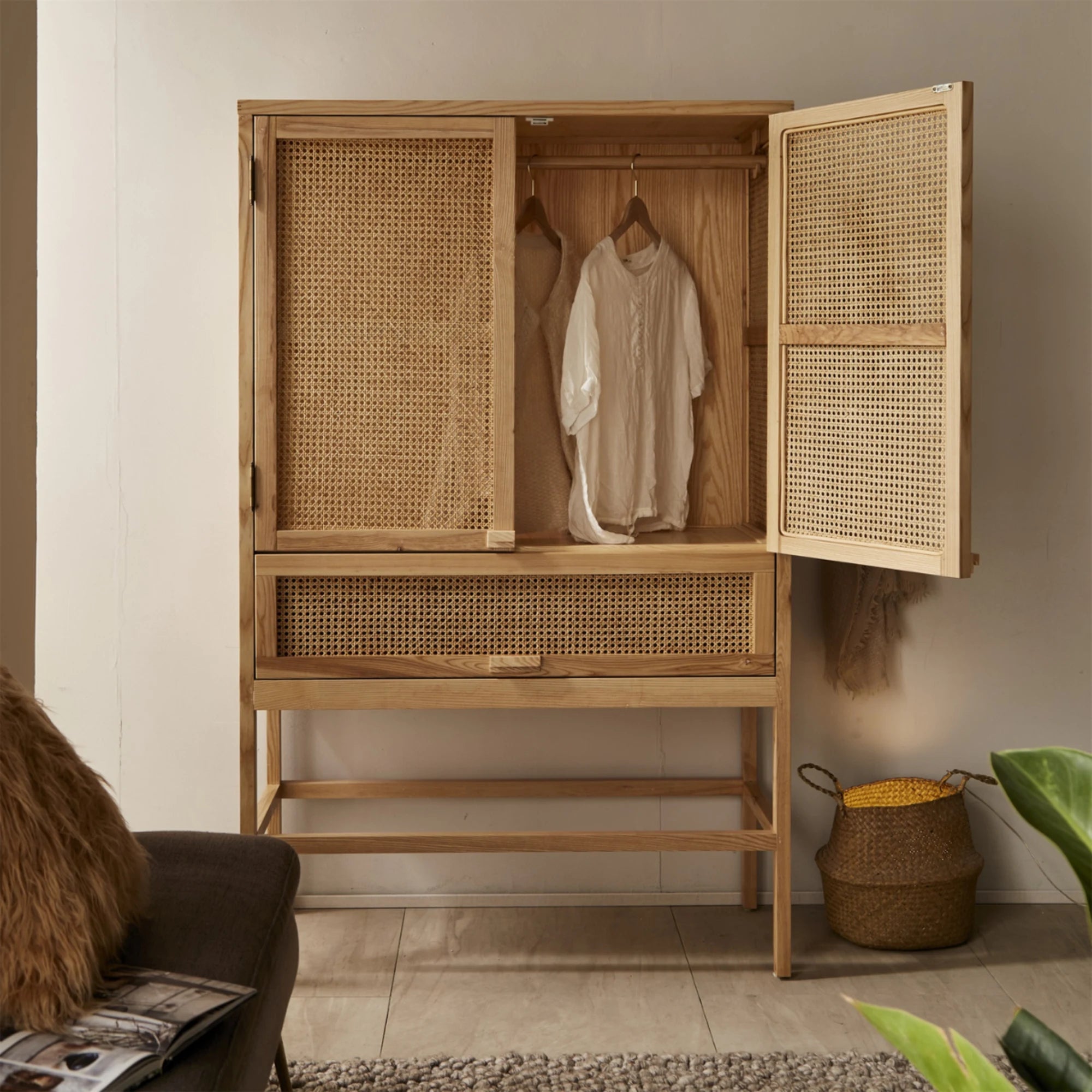 BohoBoho Costa Solid Wood & Rattan Wardrobe, Natural Wood, 110x50x175cm