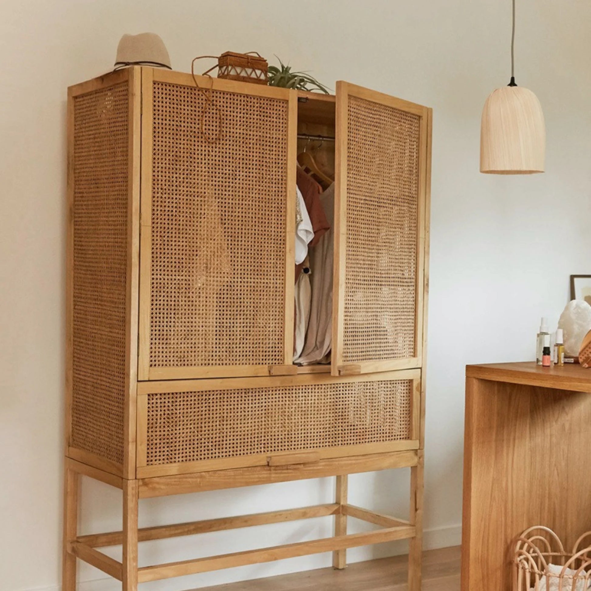 BohoBoho Costa Solid Wood & Rattan Wardrobe, Natural Wood, 110x50x175cm