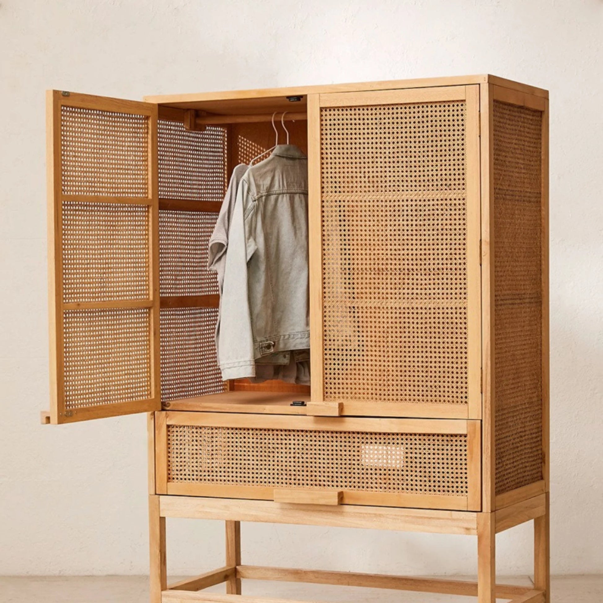 BohoBoho Costa Solid Wood & Rattan Wardrobe, Natural Wood, 110x50x175cm