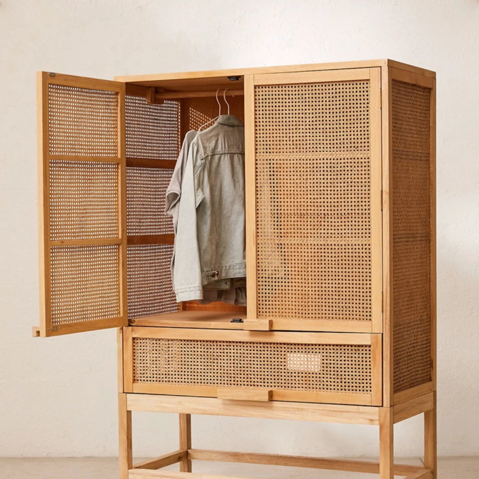 BohoBoho Costa Solid Wood & Rattan Wardrobe, Natural Wood, 110x50x175cm