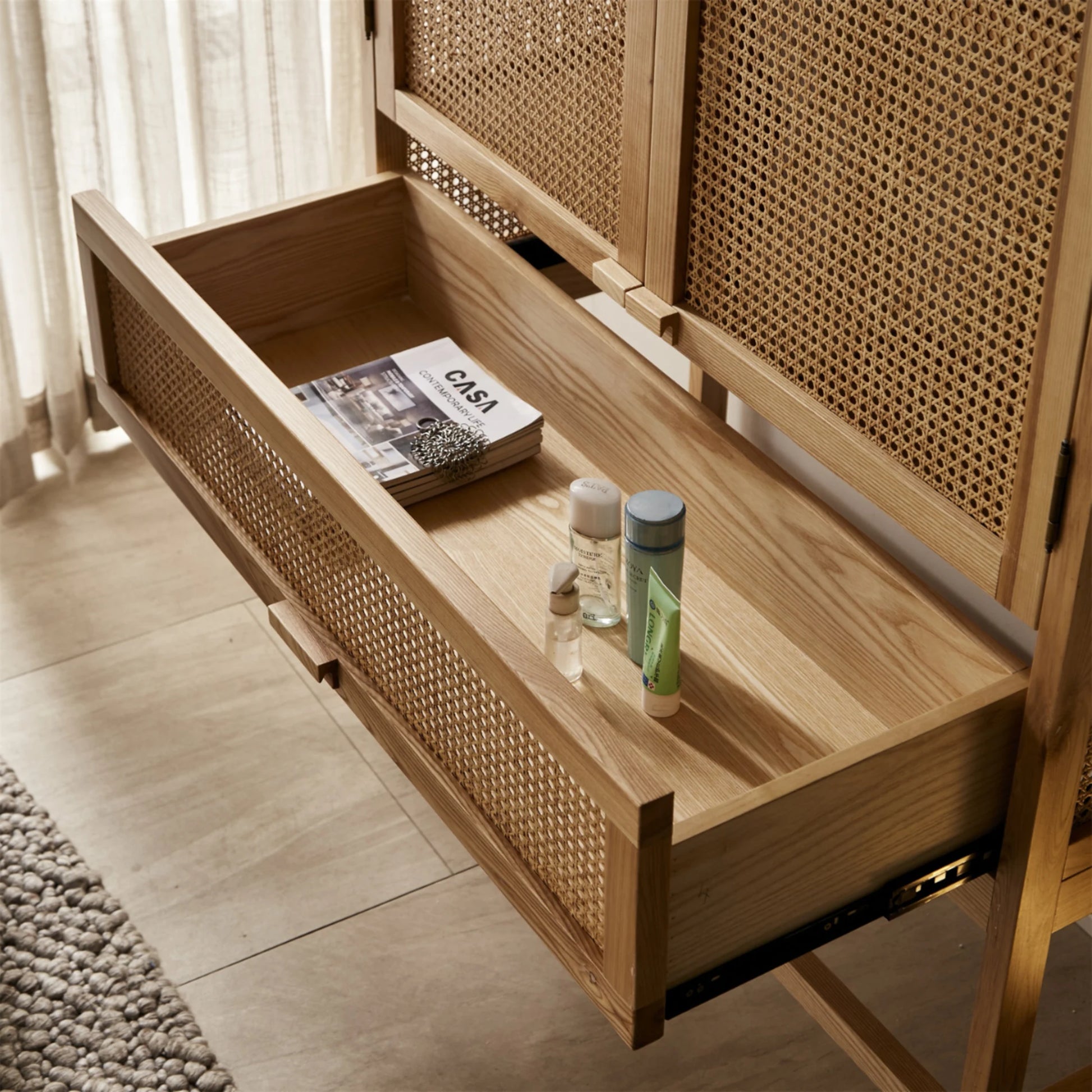 BohoBoho Costa Solid Wood & Rattan Wardrobe, Natural Wood, 110x50x175cm