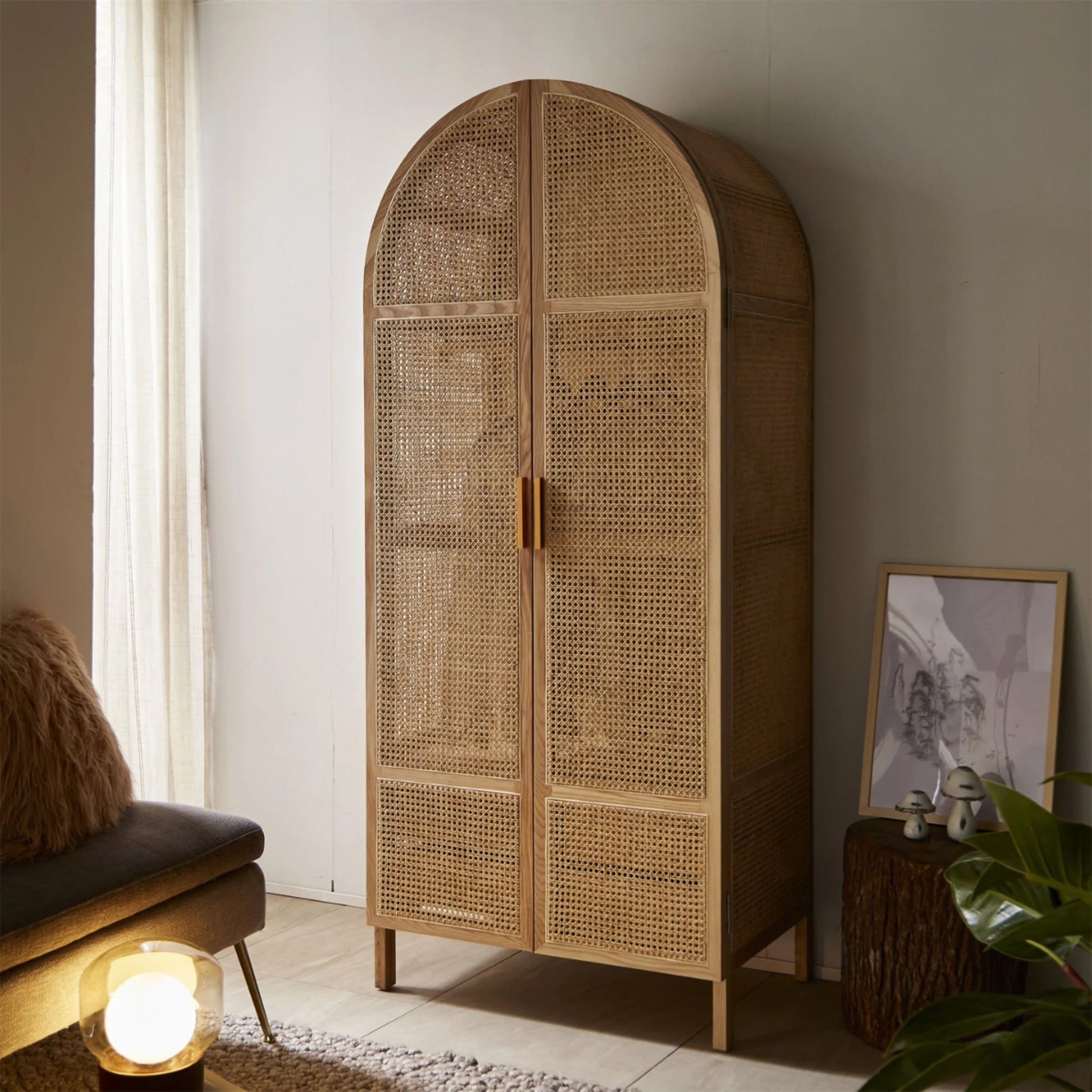 BohoBoho Costa Solid Wood & Rattan Wardrobe, Natural Wood, 85x55x200cm