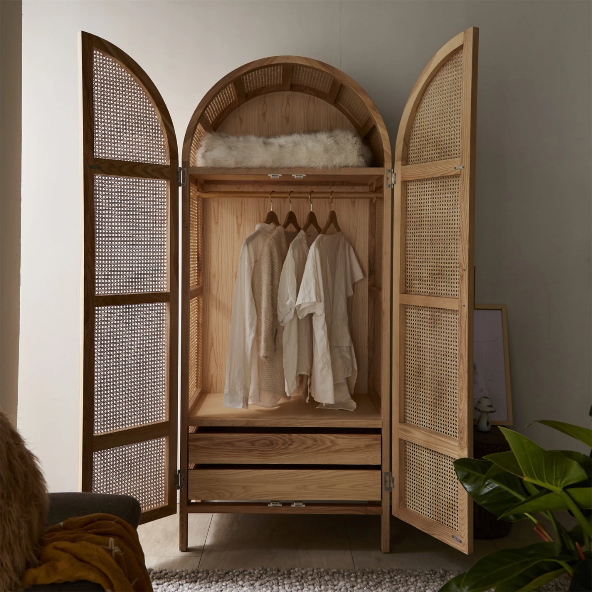 BohoBoho Costa Solid Wood & Rattan Wardrobe, Natural Wood, 85x55x200cm