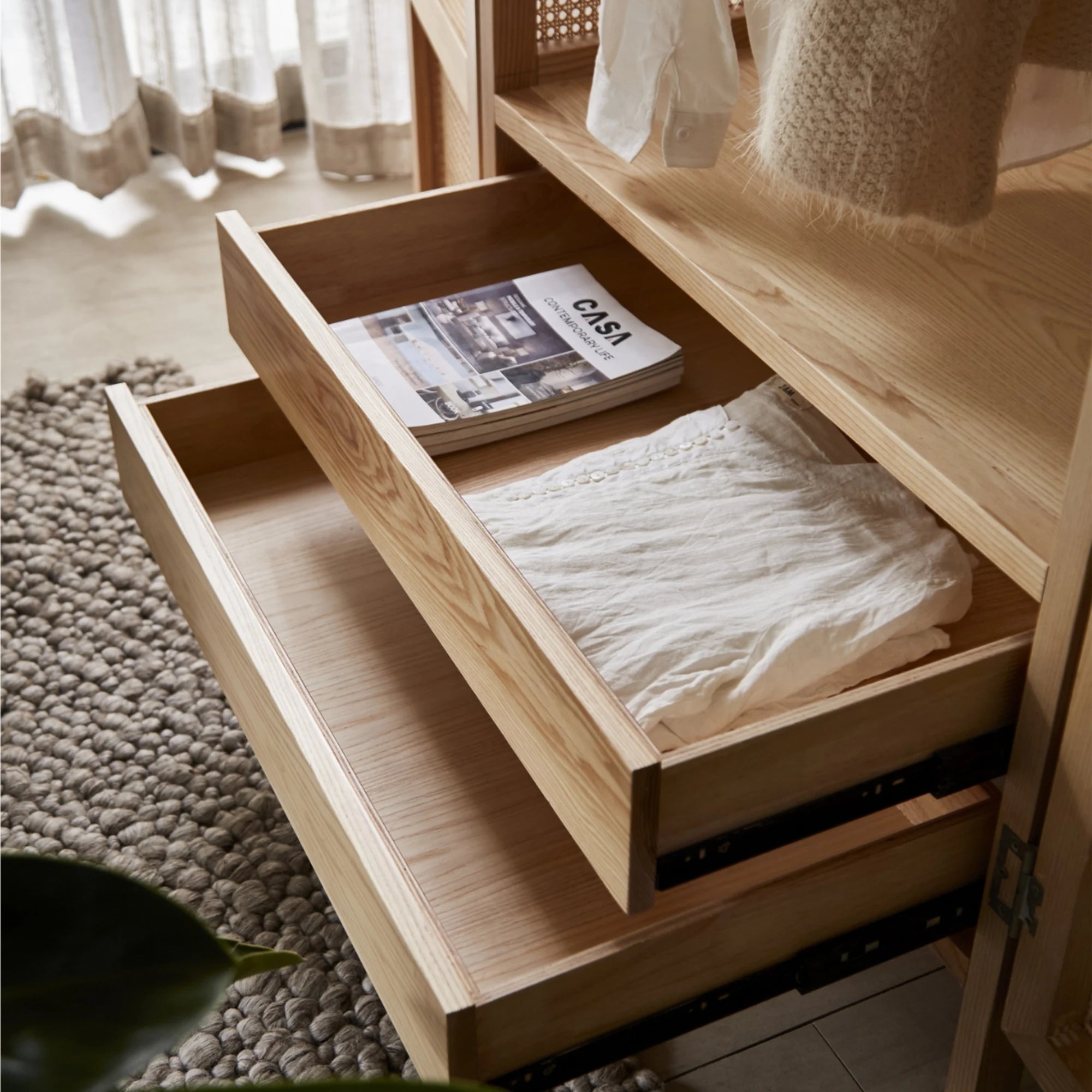 BohoBoho Costa Solid Wood & Rattan Wardrobe, Natural Wood, 85x55x200cm