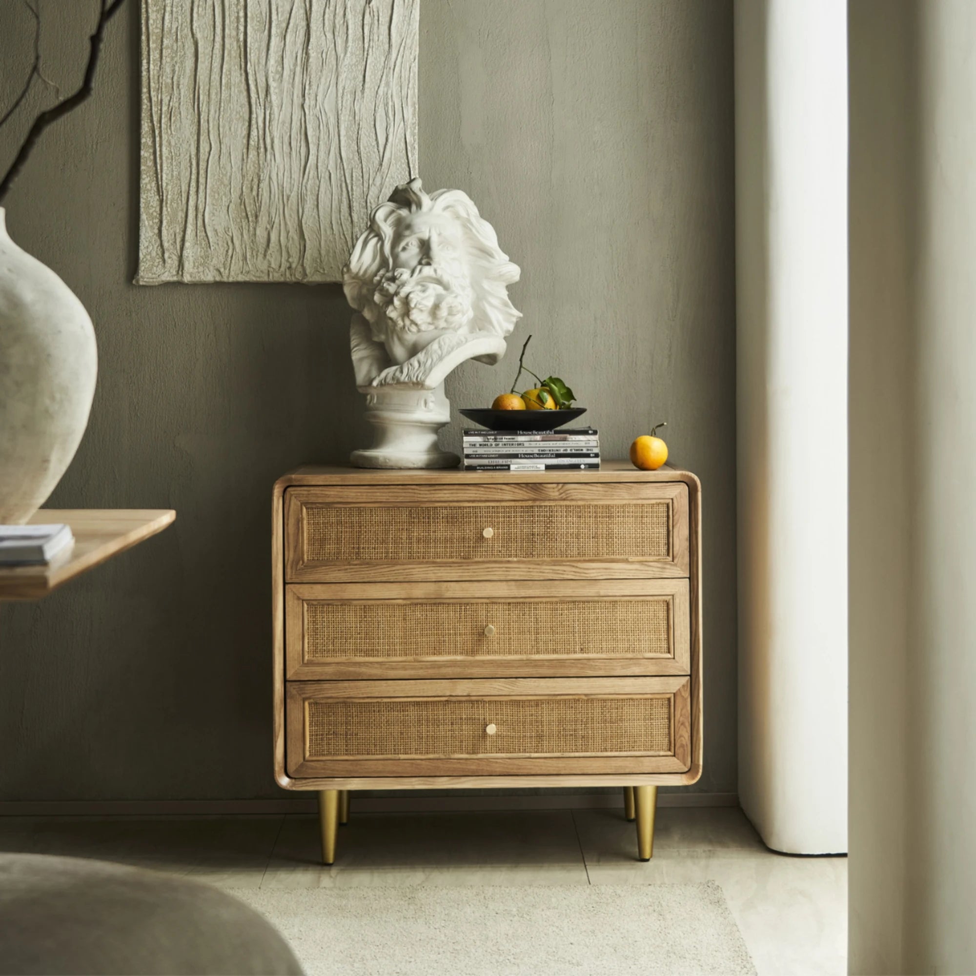 BohoBoho Laxo Solid Wood & Rattan Chest of 3 drawers, Natural Wood, 80x50x80cm