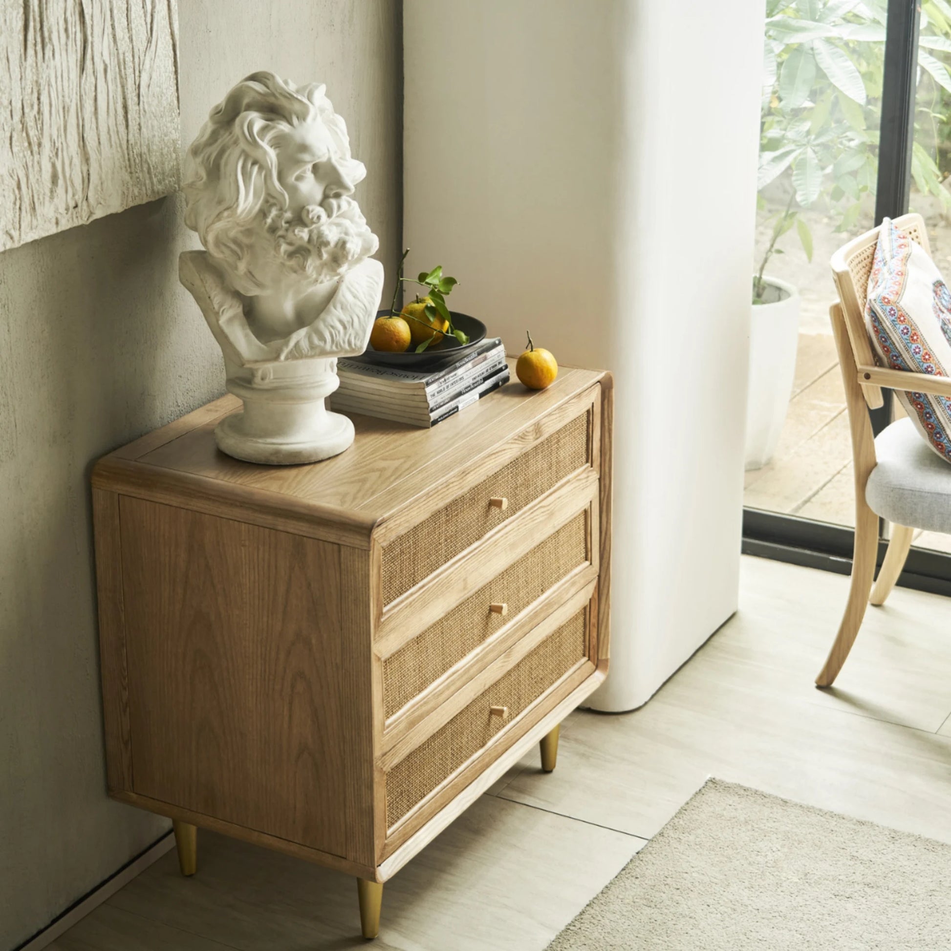 BohoBoho Laxo Solid Wood & Rattan Chest of 3 drawers, Natural Wood, 80x50x80cm
