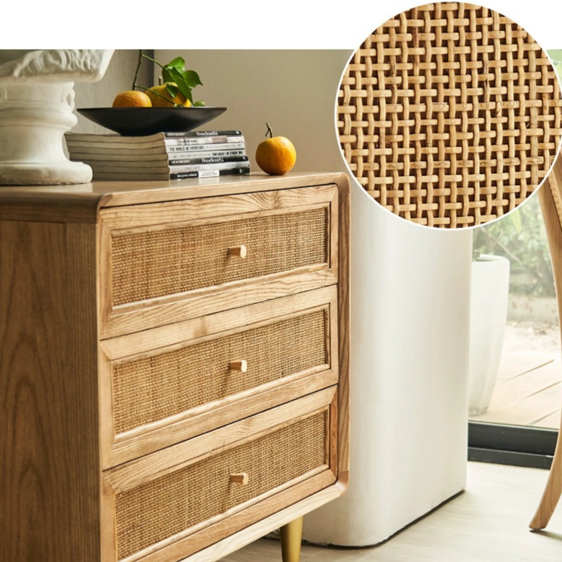 BohoBoho Laxo Solid Wood & Rattan Chest of 3 drawers, Natural Wood, 80x50x80cm