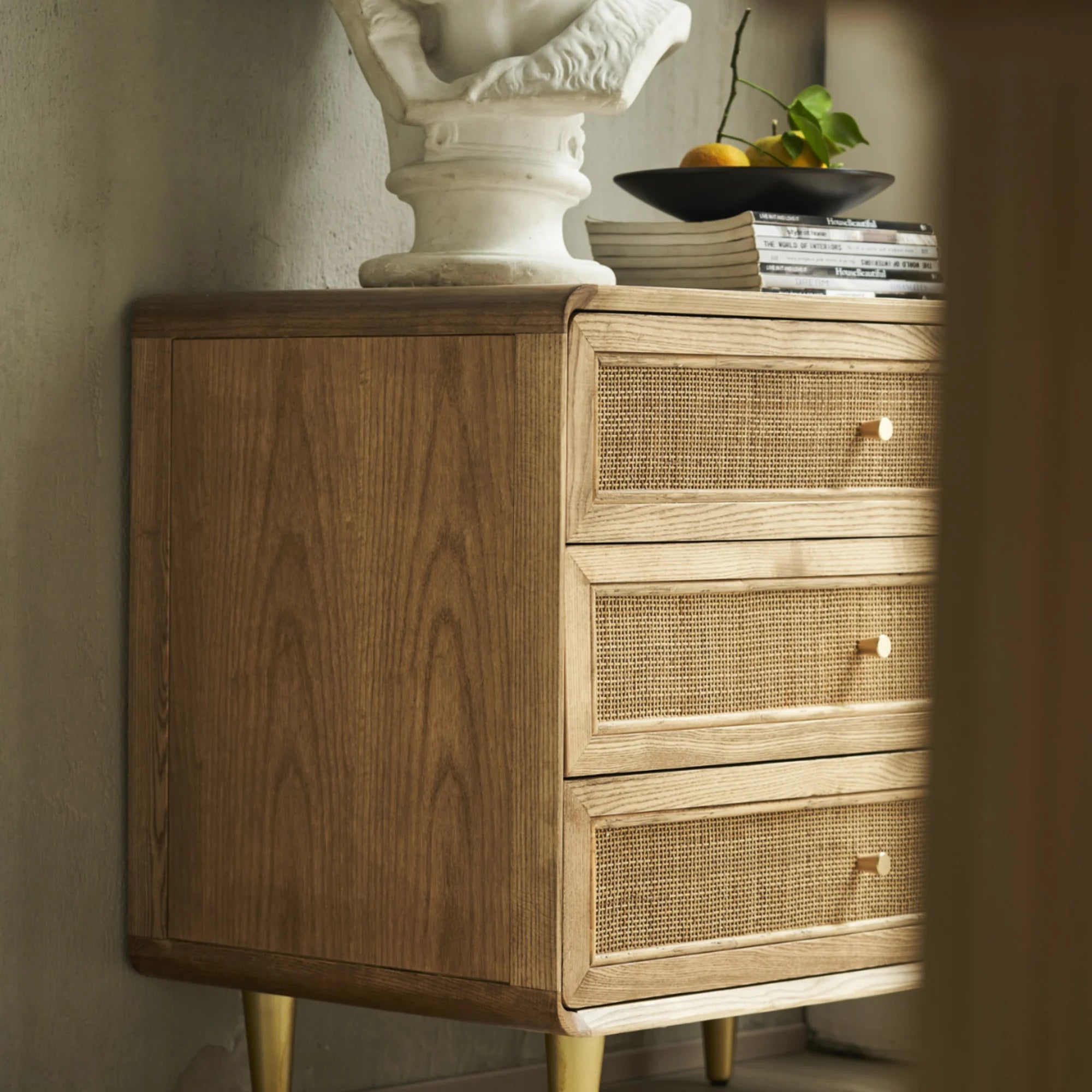 BohoBoho Laxo Solid Wood & Rattan Chest of 3 drawers, Natural Wood, 80x50x80cm