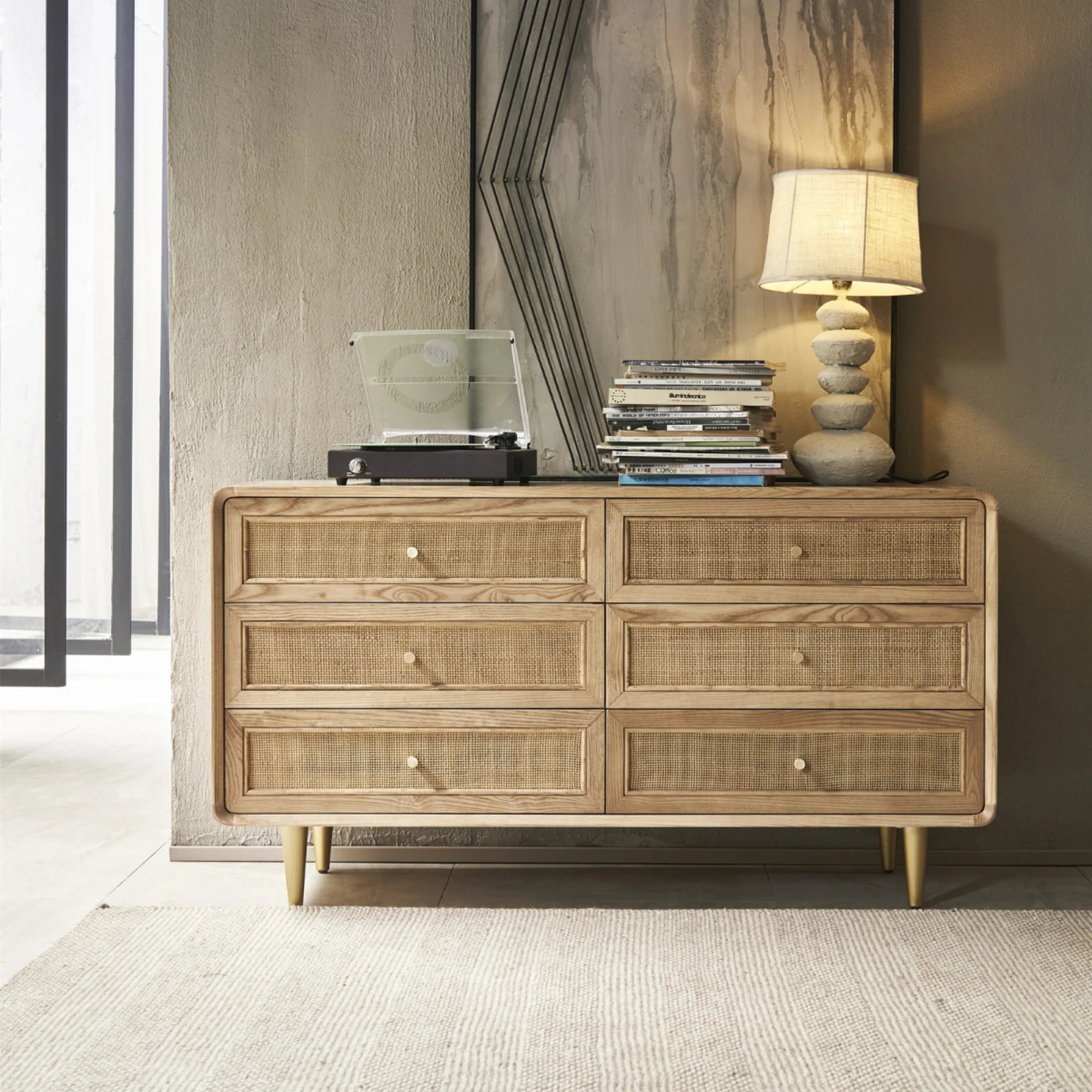 BohoBoho Laxo Solid Wood & Rattan Chest of 6 drawers, Natural Wood, 136x50x80cm