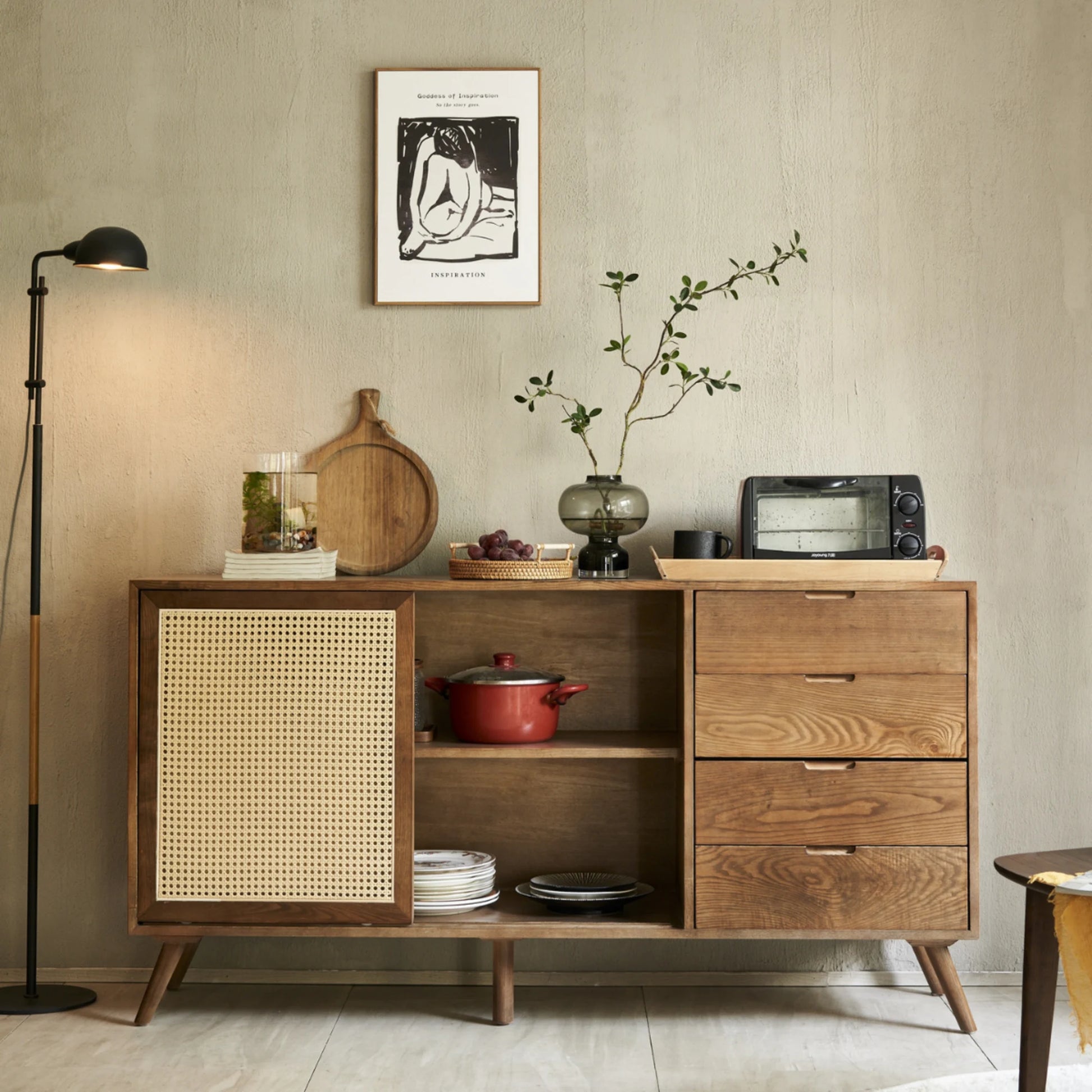 BohoBoho Laxo Solid Wood & Rattan Sideboard, Dark Wood, 160x45x85cm