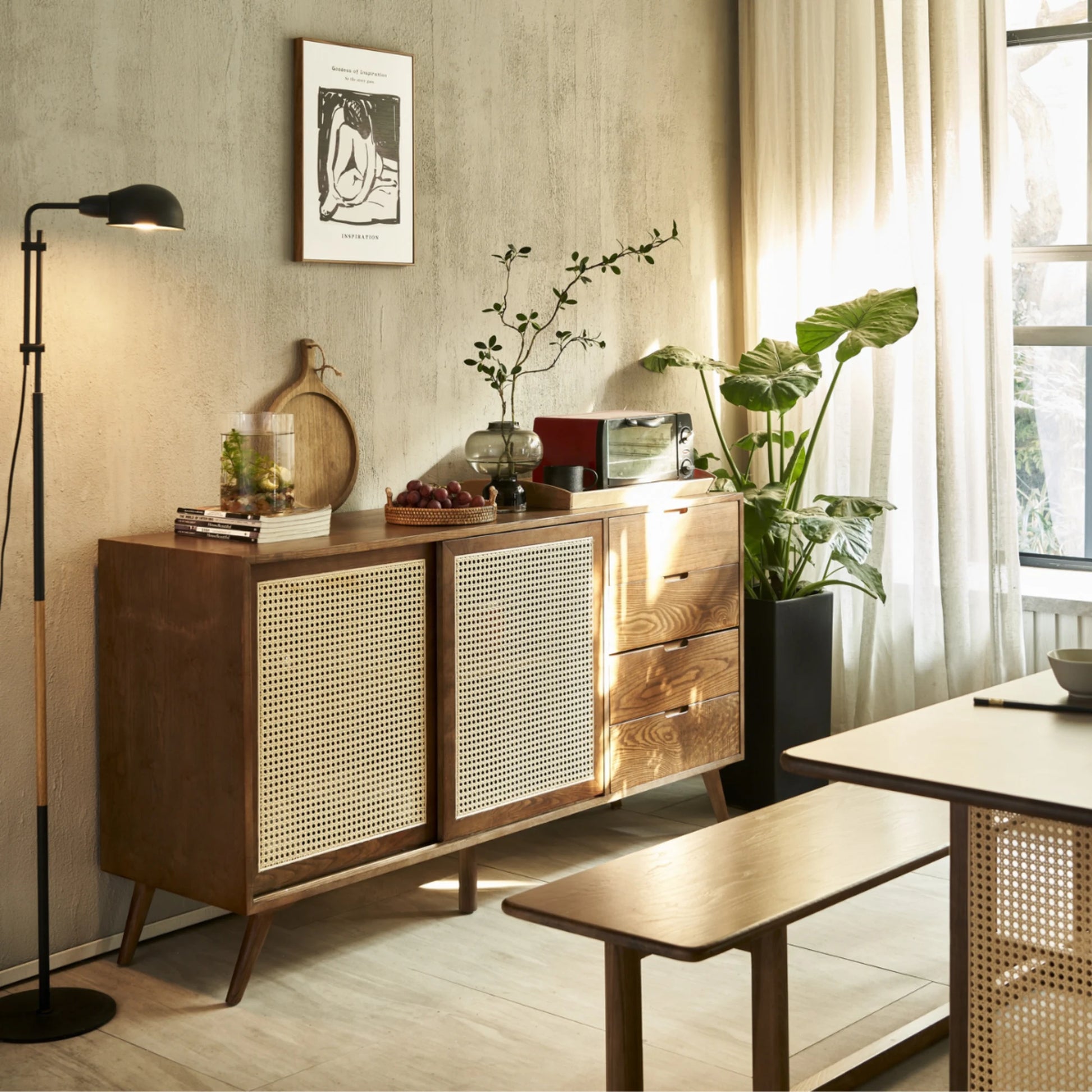 BohoBoho Laxo Solid Wood & Rattan Sideboard, Dark Wood, 160x45x85cm