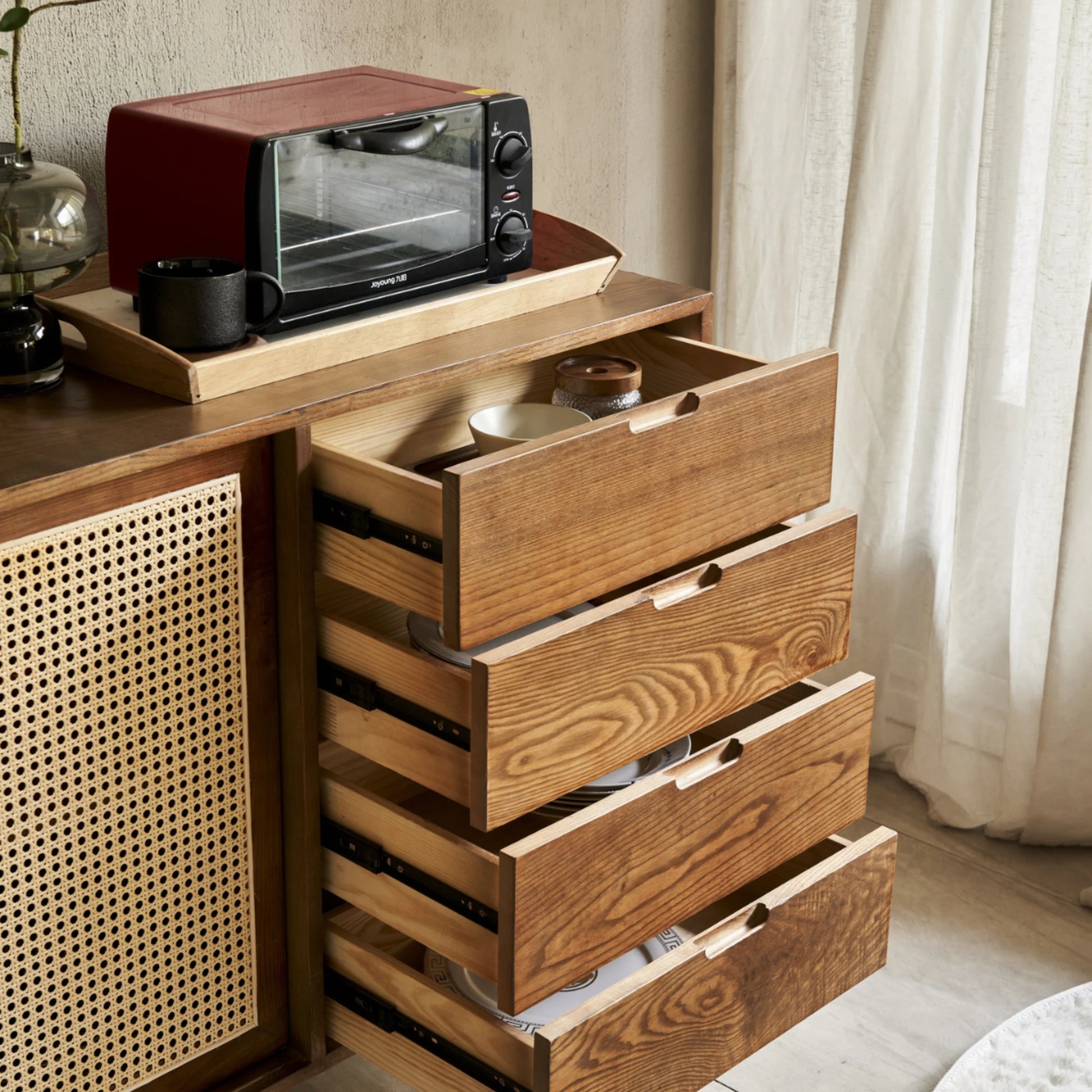 BohoBoho Laxo Solid Wood & Rattan Sideboard, Dark Wood, 160x45x85cm