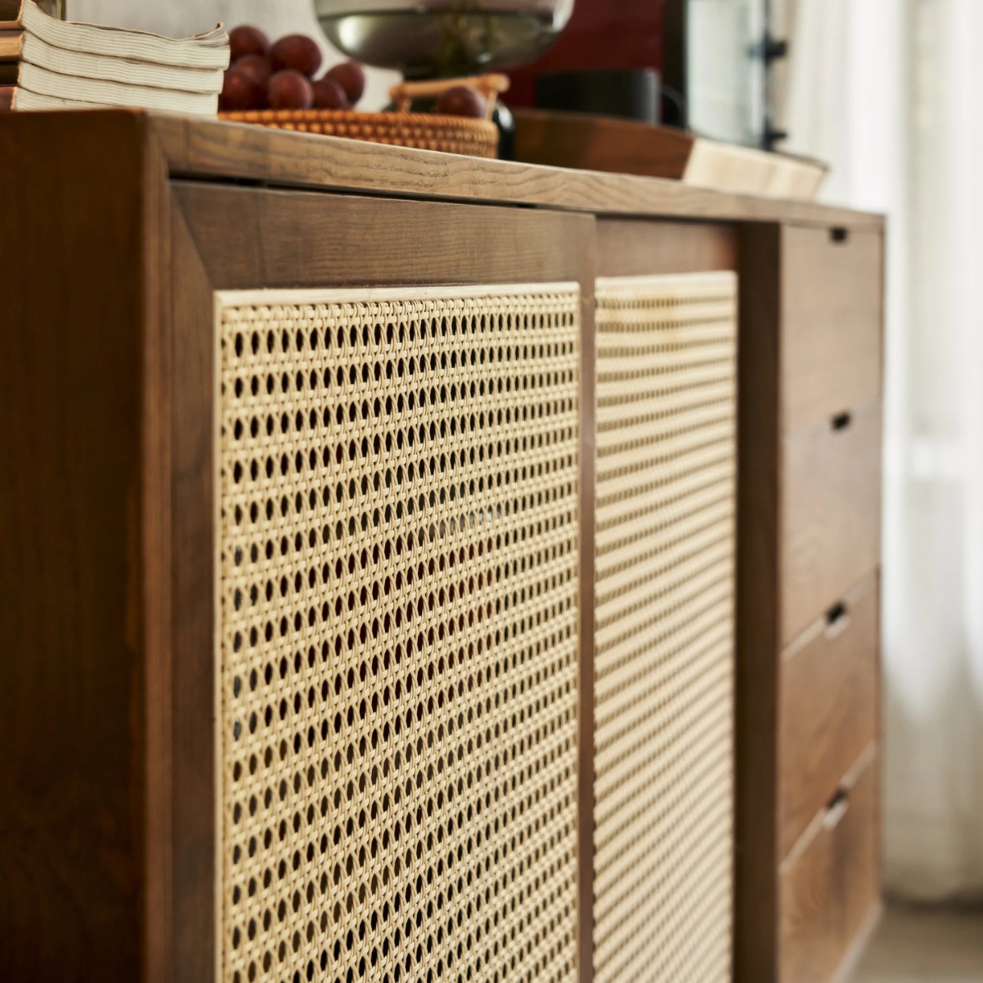 BohoBoho Laxo Solid Wood & Rattan Sideboard, Dark Wood, 160x45x85cm