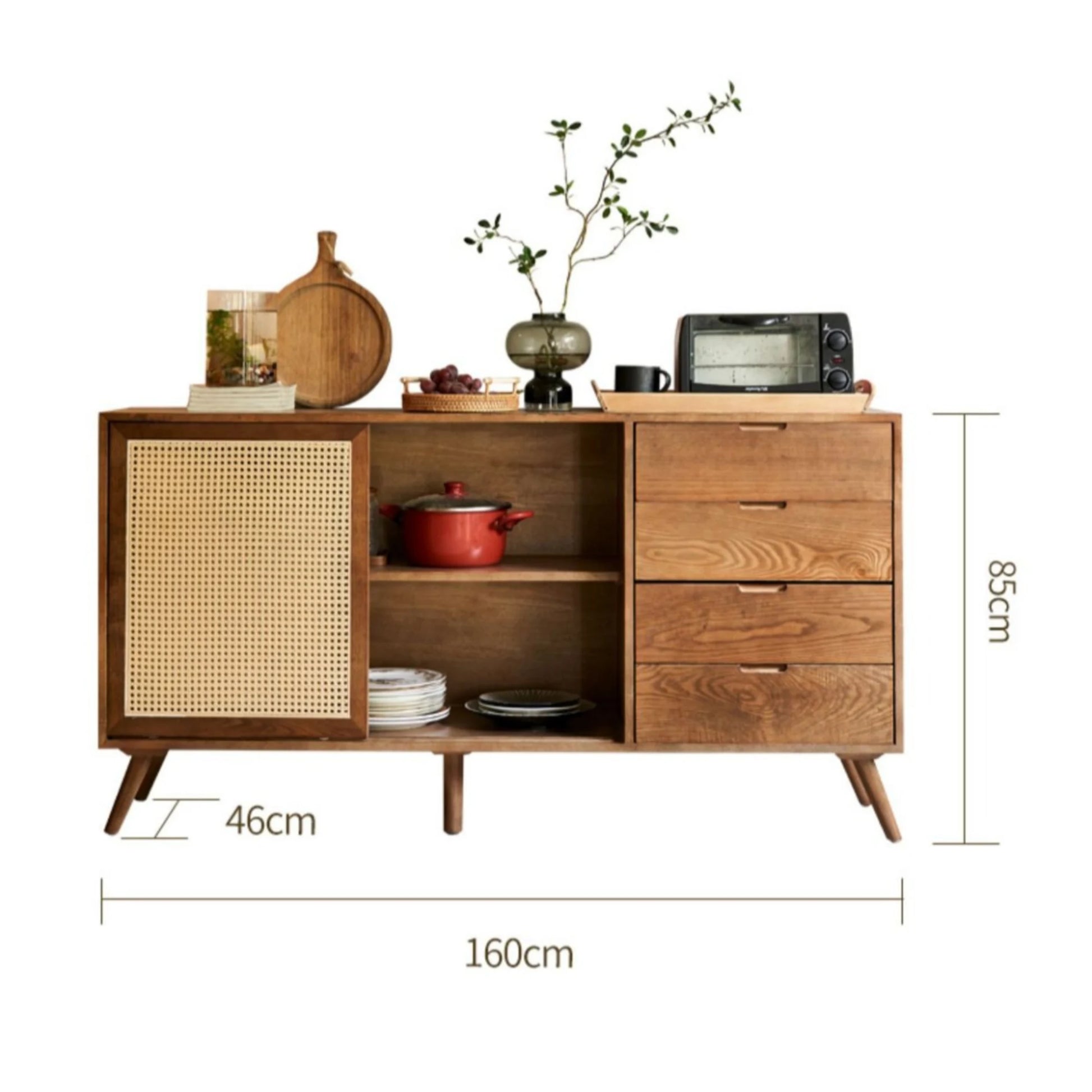 BohoBoho Laxo Solid Wood & Rattan Sideboard, Dark Wood, 160x45x85cm