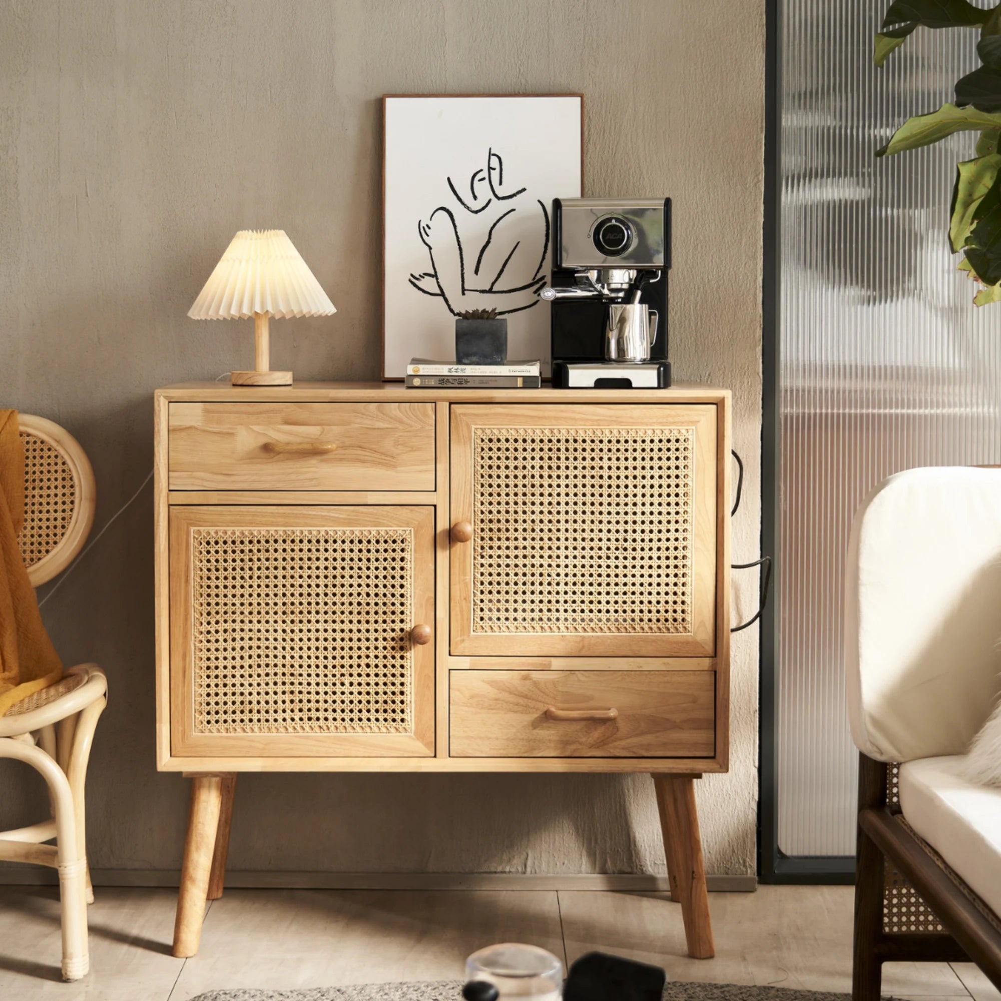 BohoBoho Laxo Solid Wood & Rattan Sideboard, Natural Wood, 90x40x98cm