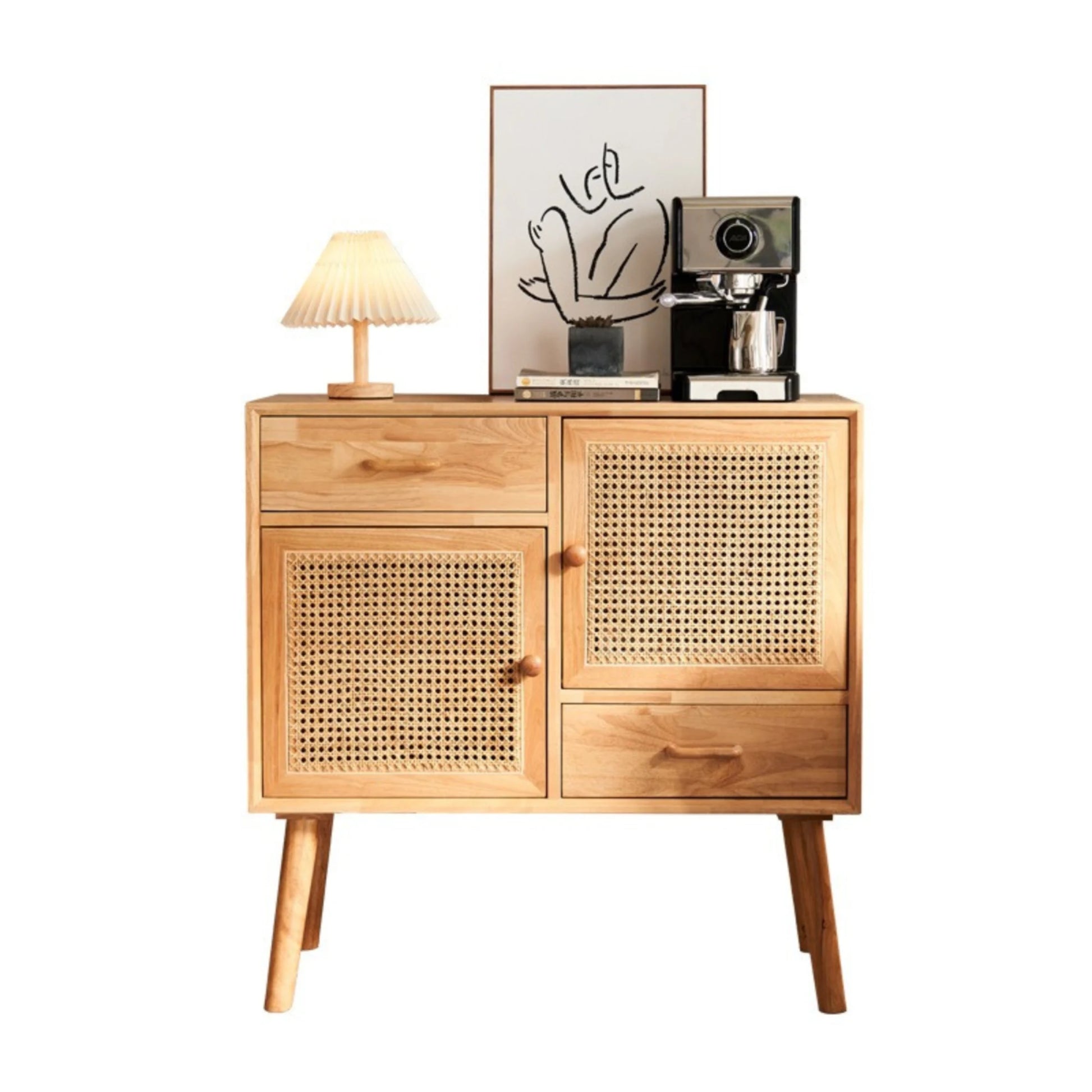 BohoBoho Laxo Solid Wood & Rattan Sideboard, Natural Wood, 90x40x98cm