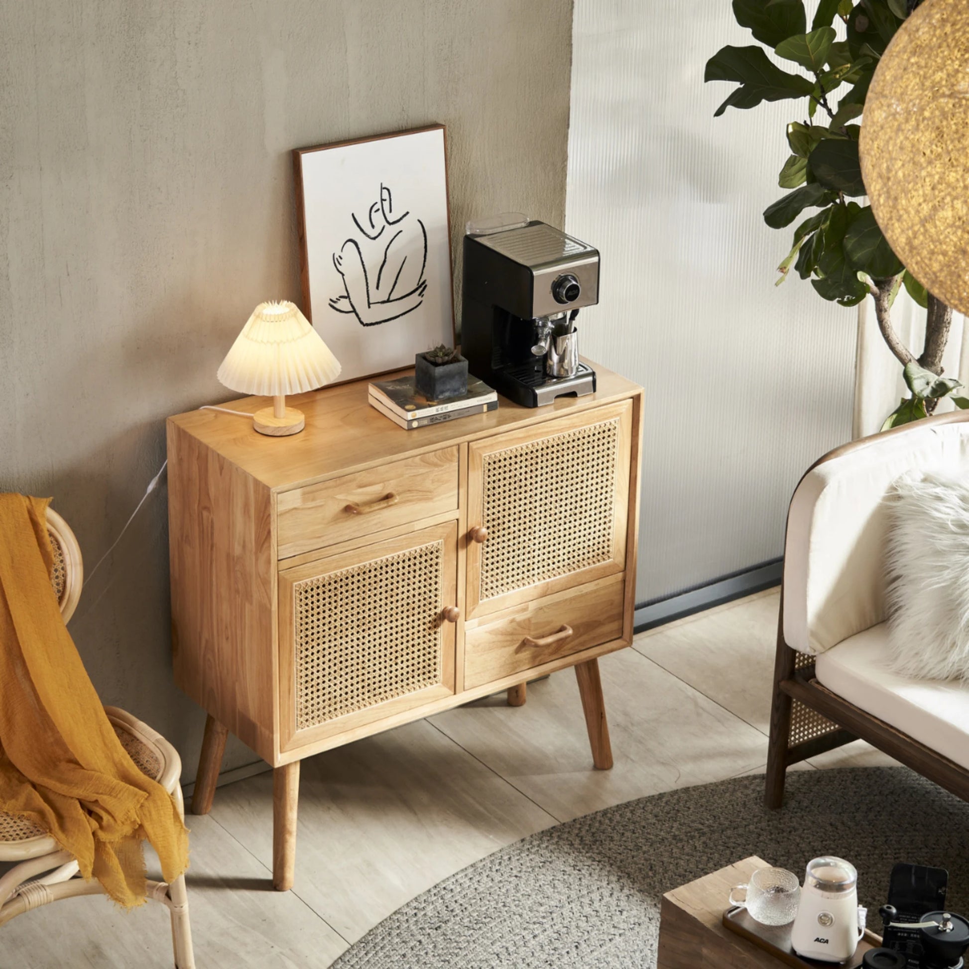 BohoBoho Laxo Solid Wood & Rattan Sideboard, Natural Wood, 90x40x98cm