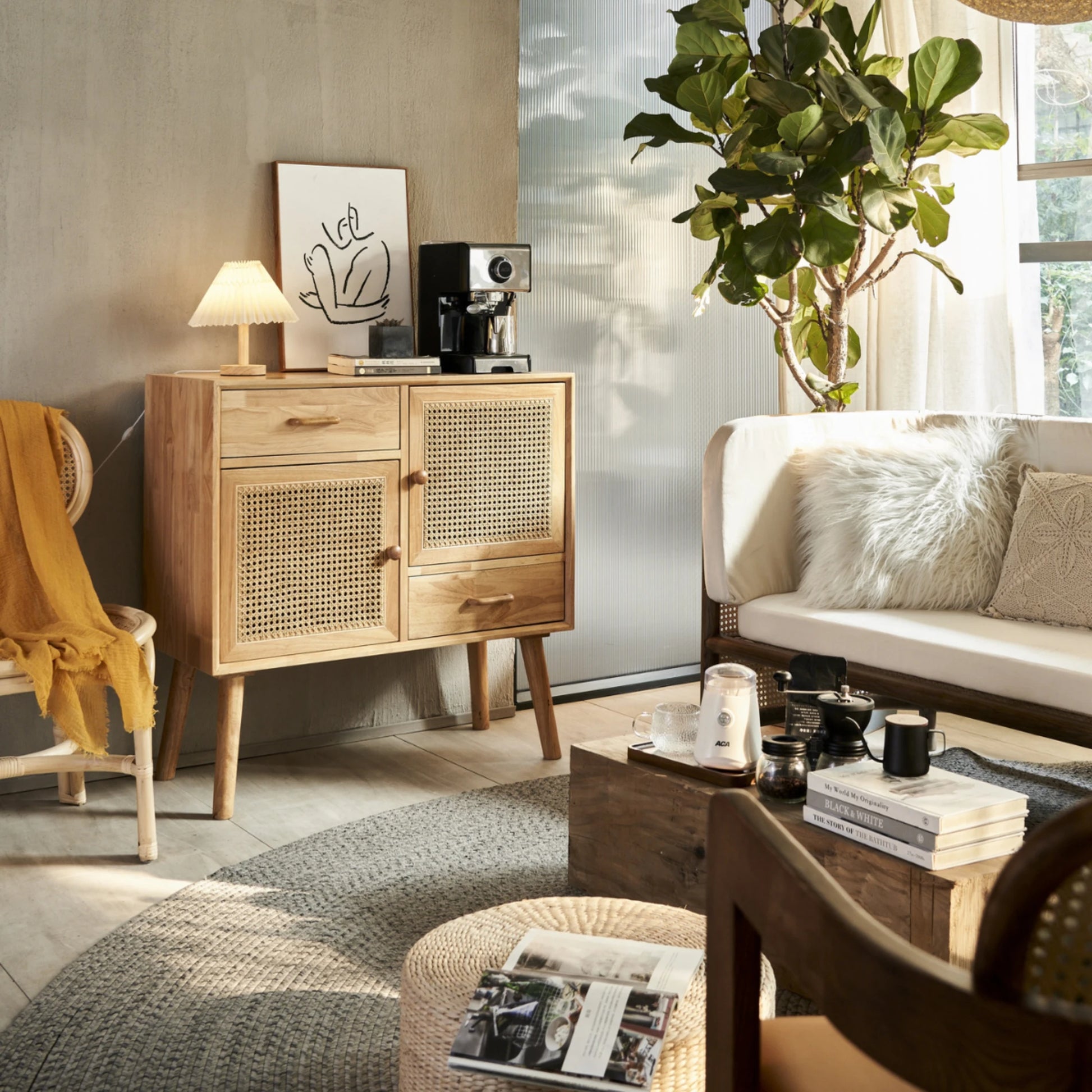BohoBoho Laxo Solid Wood & Rattan Sideboard, Natural Wood, 90x40x98cm