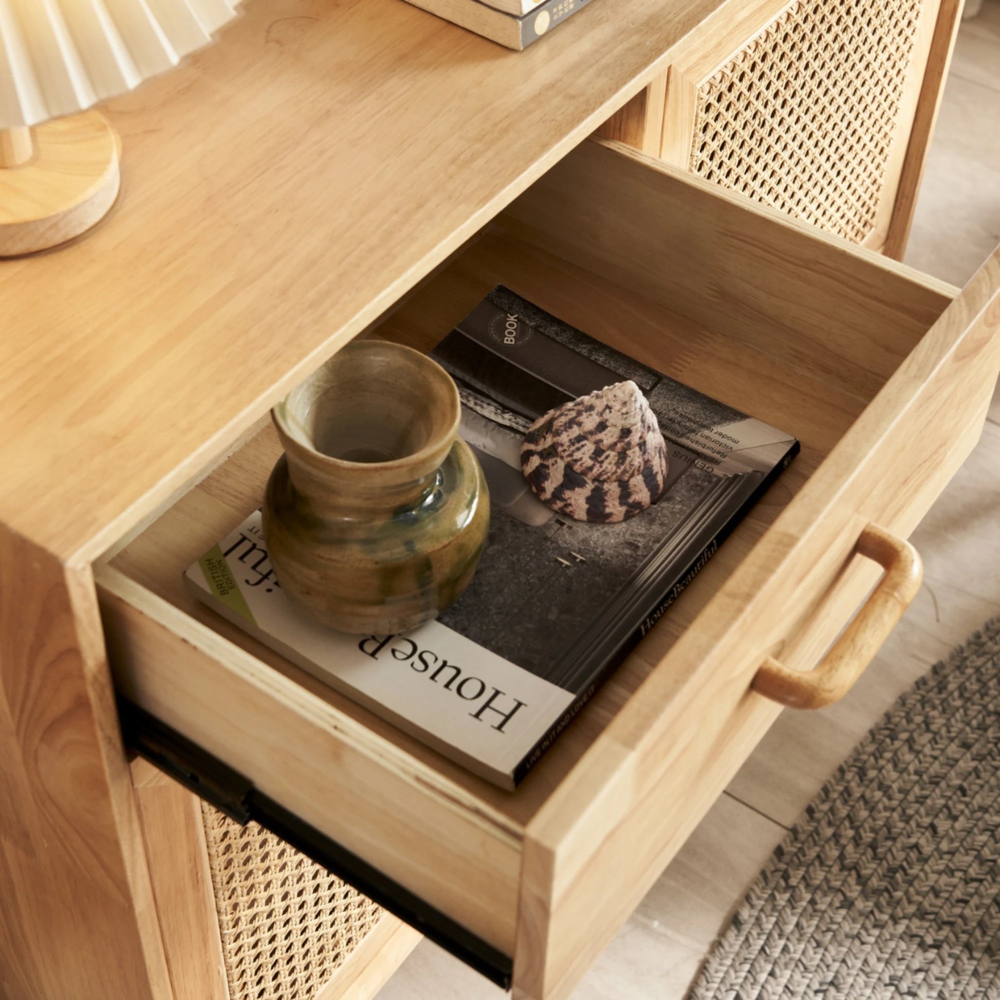BohoBoho Laxo Solid Wood & Rattan Sideboard, Natural Wood, 90x40x98cm