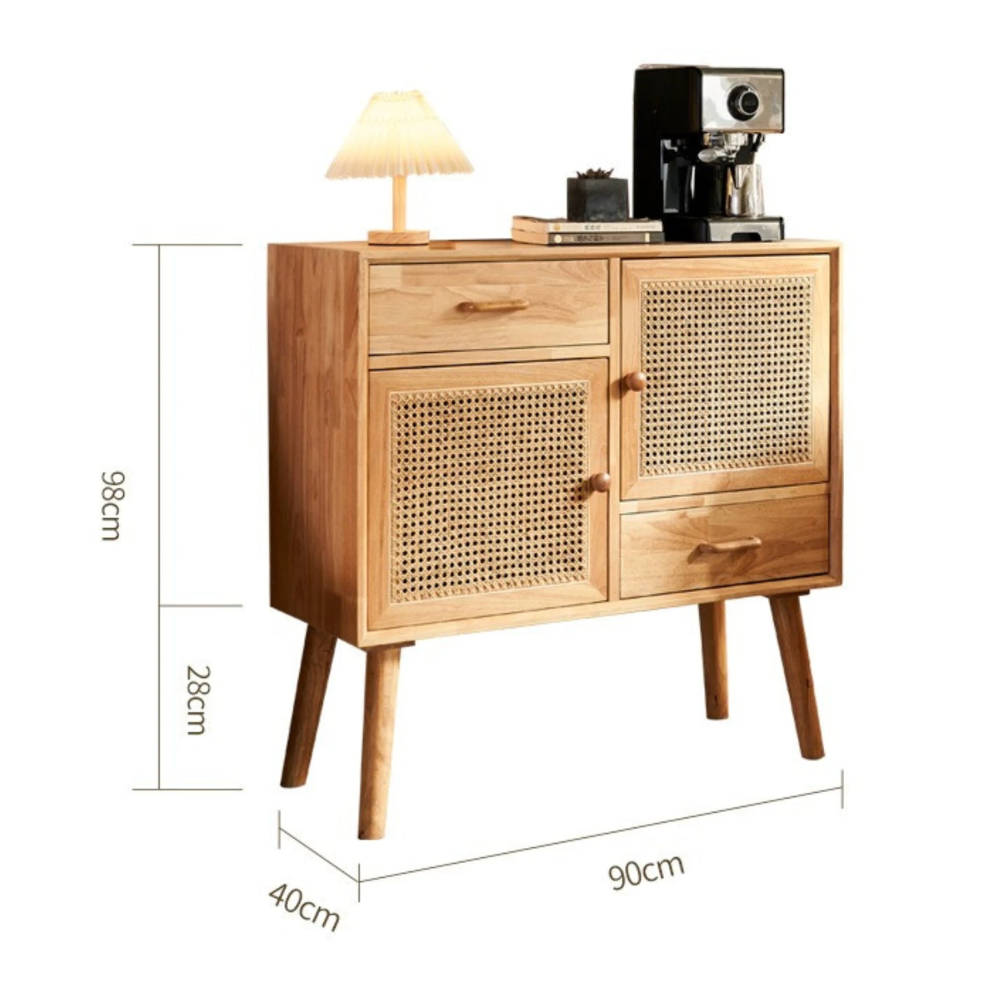 BohoBoho Laxo Solid Wood & Rattan Sideboard, Natural Wood, 90x40x98cm