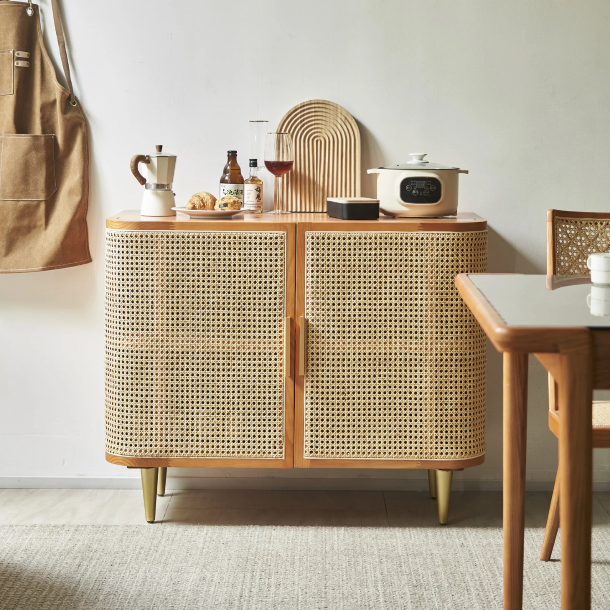 BohoBoho Luna Solid Wood & Rattan Curved Sideboard, Dark Wood, 100x42.5x85cm