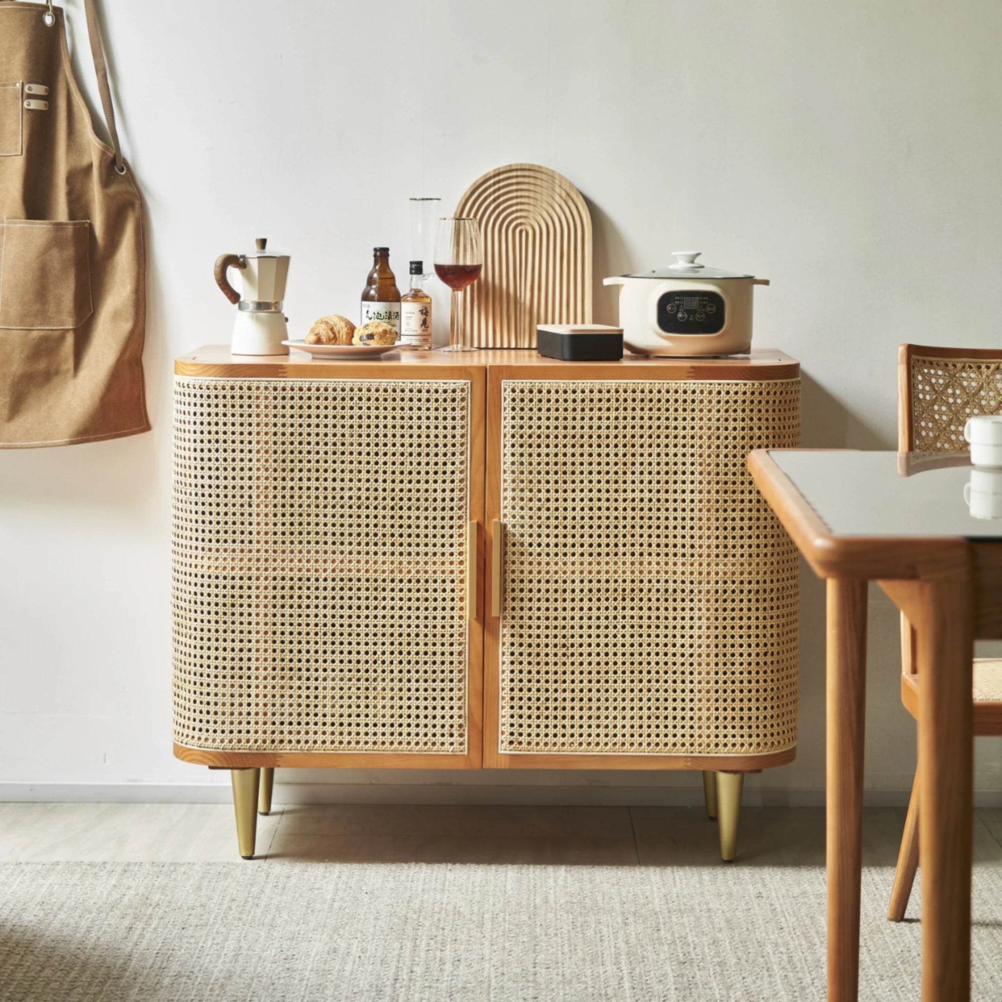 BohoBoho Luna Solid Wood & Rattan Curved Sideboard, Dark Wood, 100x42.5x85cm